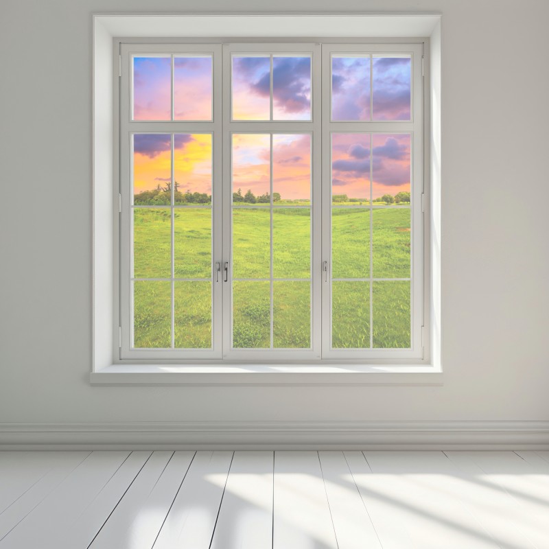 Naklejka na okno zachód słońca nad zieloną łąką – Wallissimo® Naklejka na okno zachód słońca nad zieloną łąką – Wallissimo®