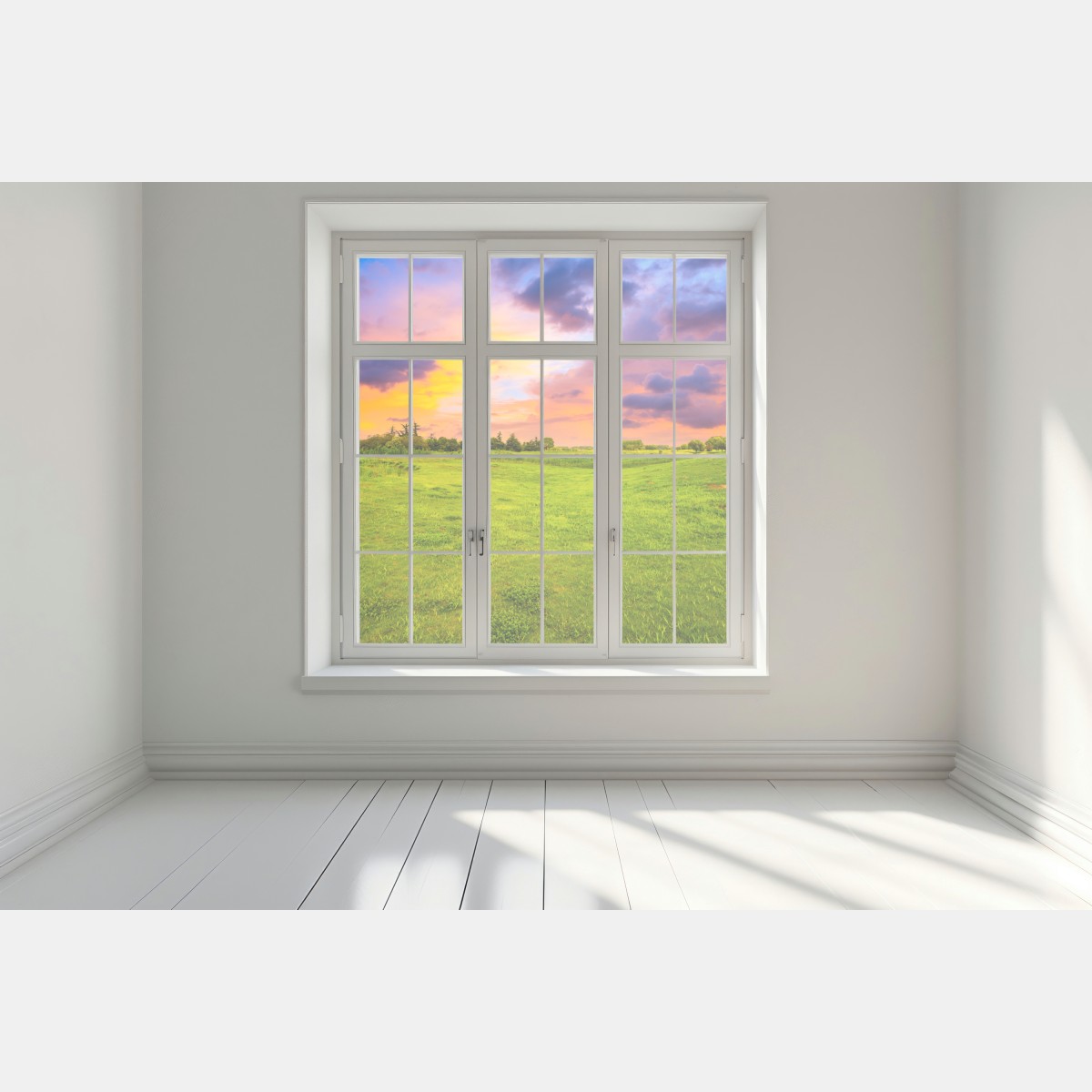 Naklejka na okno zachód słońca nad zieloną łąką – Wallissimo® Naklejka na okno zachód słońca nad zieloną łąką – Wallissimo®