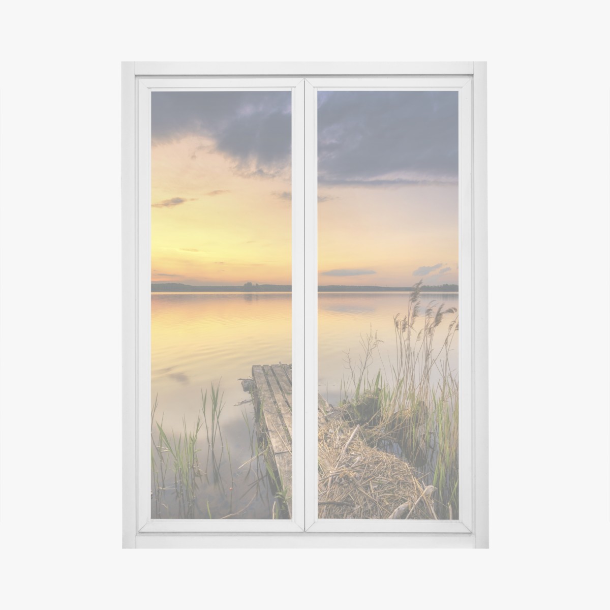 Window decal golden lake sunset over a quiet dock