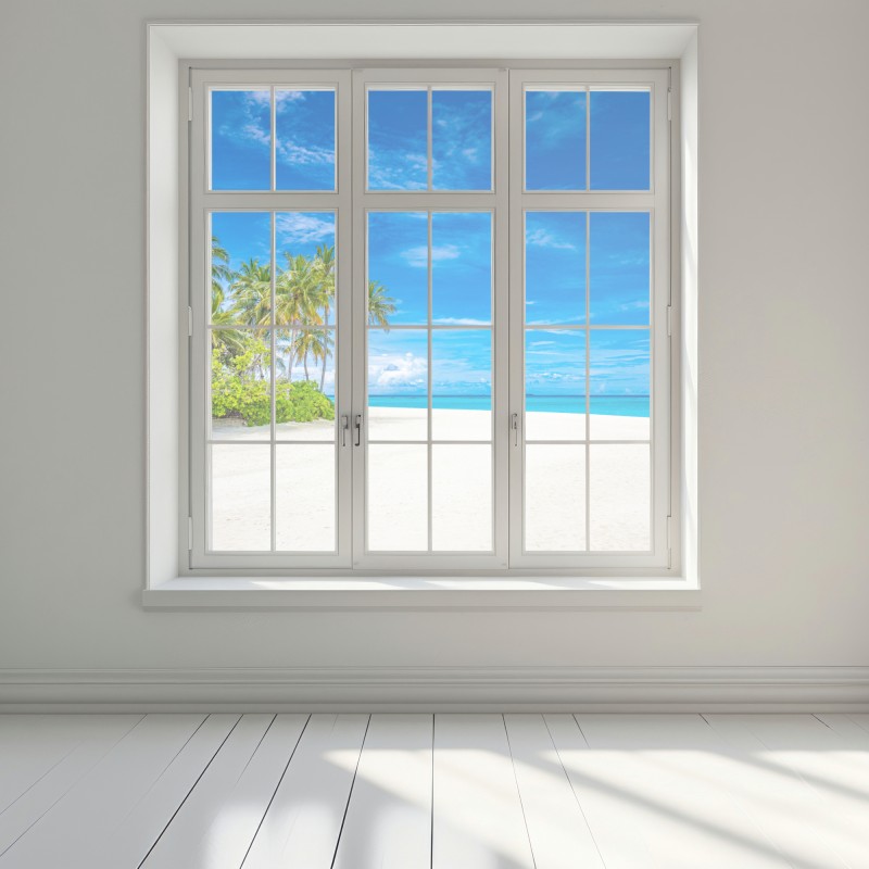 Naklejka na okno tropikalna plaża z palmami – Wallissimo® Naklejka na okno tropikalna plaża z palmami – Wallissimo®