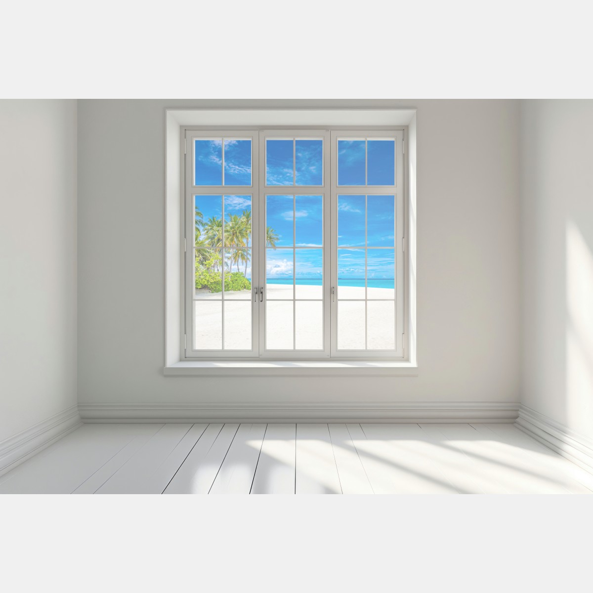 Naklejka na okno tropikalna plaża z palmami – Wallissimo® Naklejka na okno tropikalna plaża z palmami – Wallissimo®