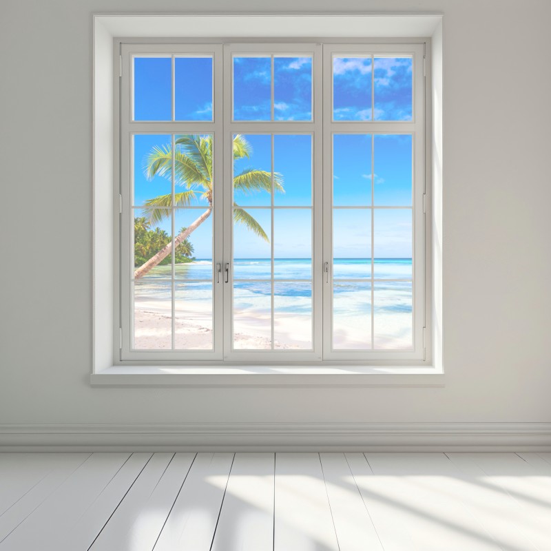 Naklejka na okno tropikalna plaża z palmą – Wallissimo® Naklejka na okno tropikalna plaża z palmą – Wallissimo®
