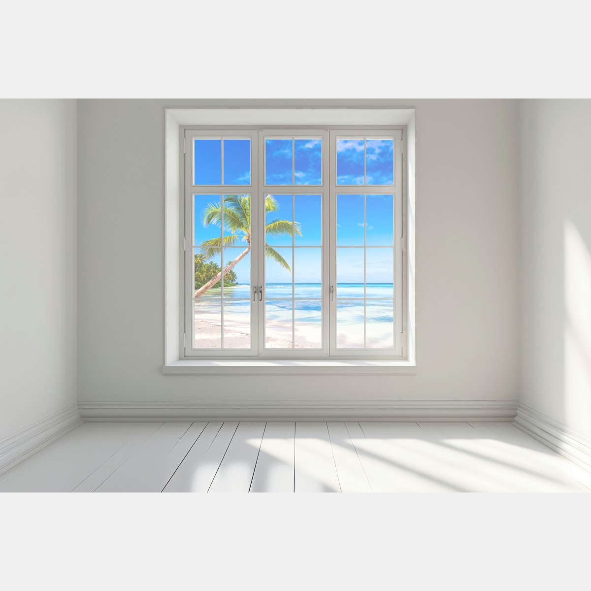 Naklejka na okno tropikalna plaża z palmą – Wallissimo® Naklejka na okno tropikalna plaża z palmą – Wallissimo®
