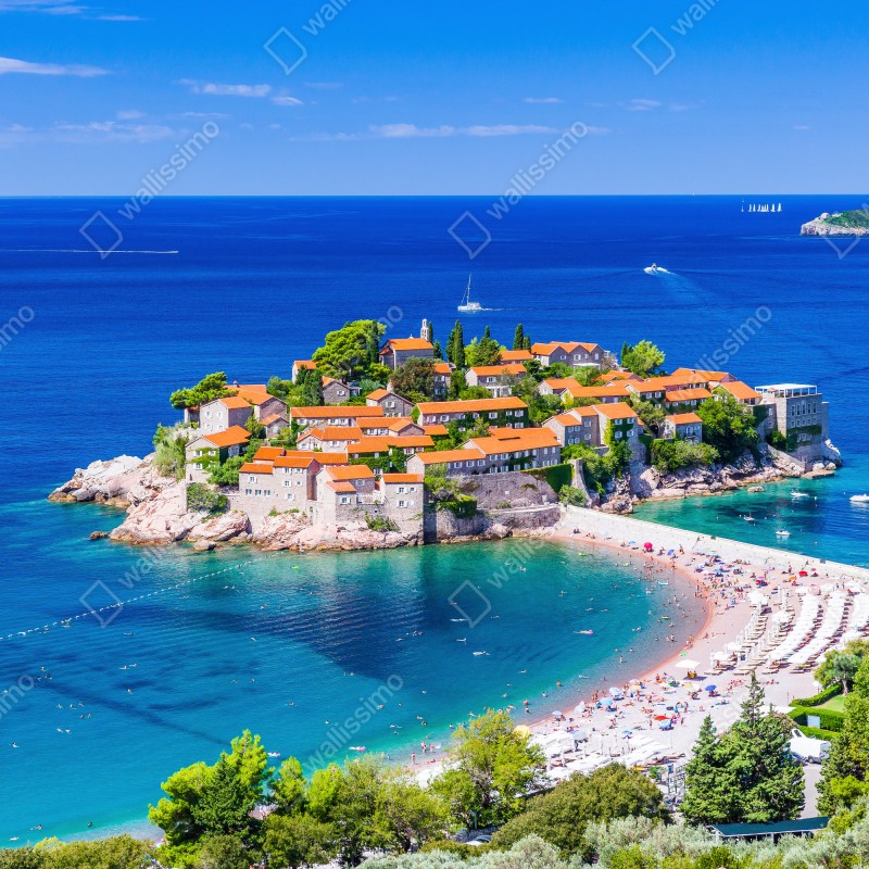 Naklejka na okno Sveti Stefan, Czarnogóra historyczny kurort na wyspie – Wallissimo® Naklejka na okno Sveti Stefan, Czarnogóra historyczny kurort na wyspie – Wallissimo®