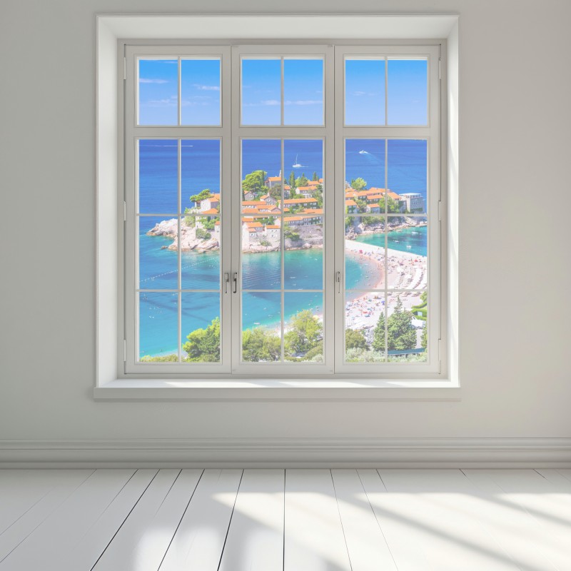 Naklejka na okno Sveti Stefan, Czarnogóra historyczny kurort na wyspie – Wallissimo® Naklejka na okno Sveti Stefan, Czarnogóra historyczny kurort na wyspie – Wallissimo®