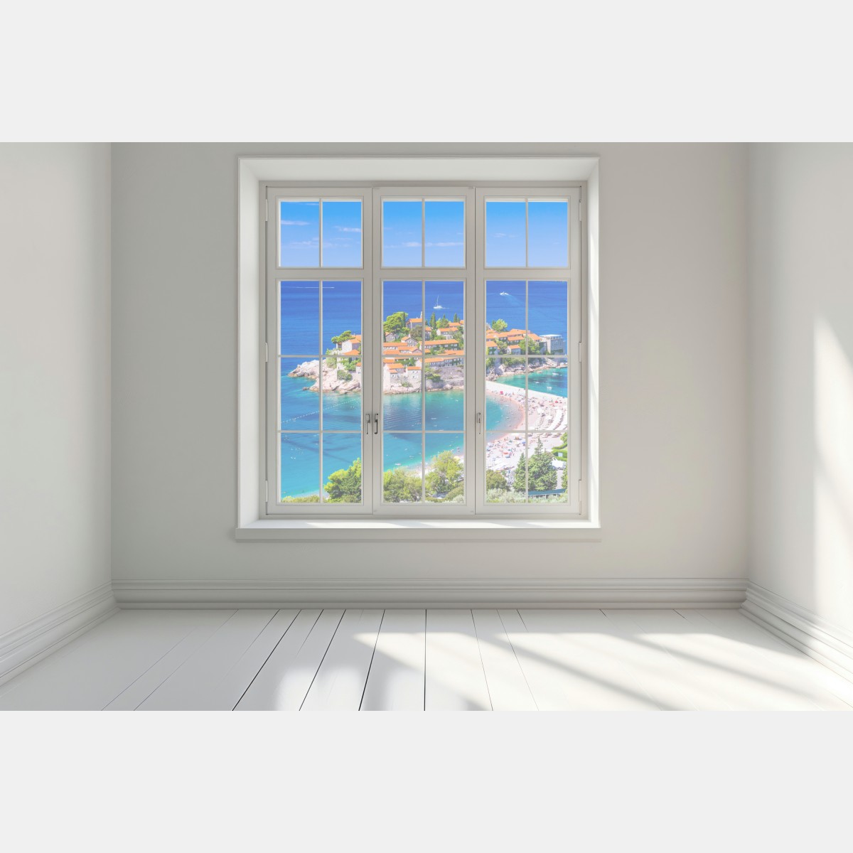 Naklejka na okno Sveti Stefan, Czarnogóra historyczny kurort na wyspie – Wallissimo® Naklejka na okno Sveti Stefan, Czarnogóra historyczny kurort na wyspie – Wallissimo®