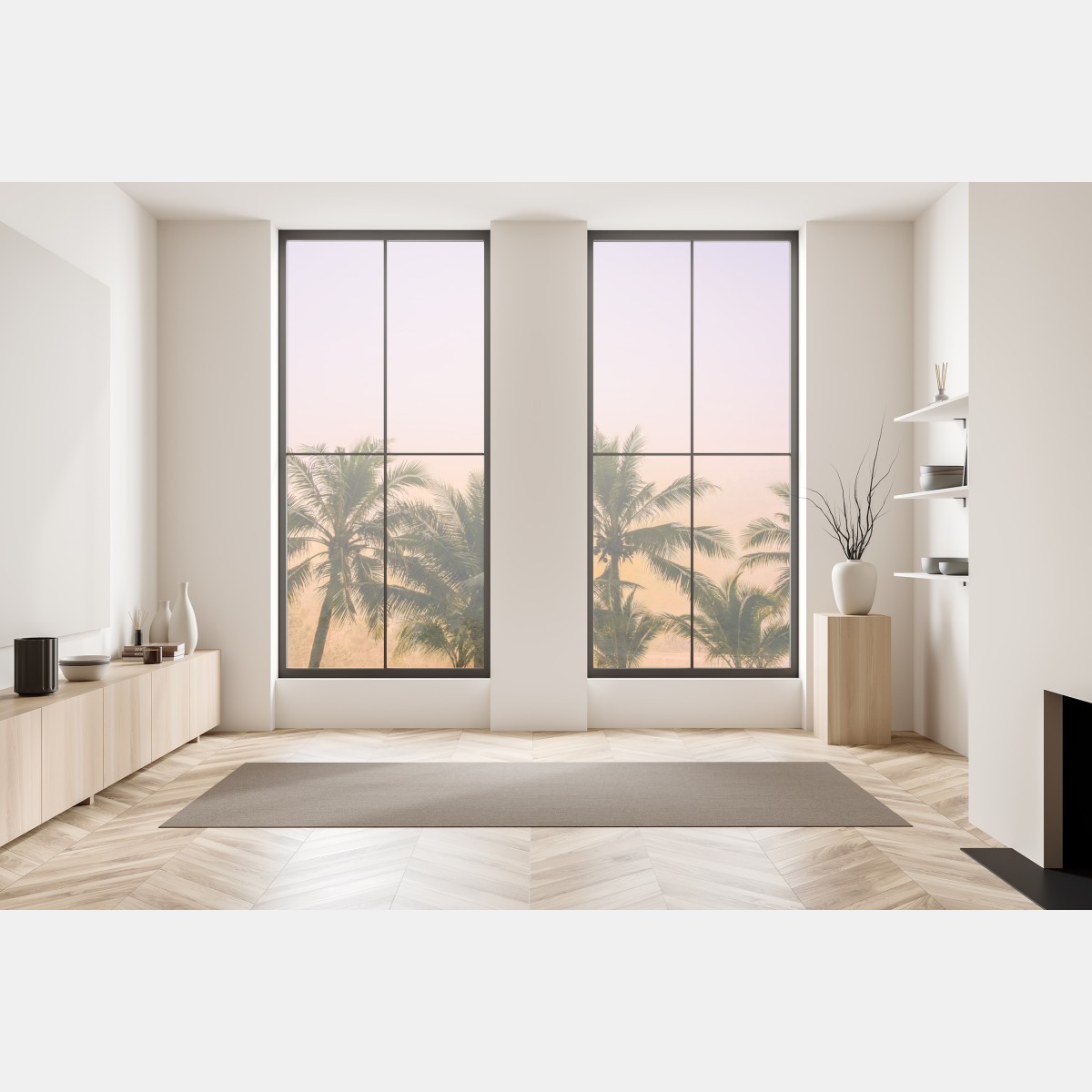 Naklejka na okno tropikalny zachód słońca z palmami na plaży – Wallissimo® Naklejka na okno tropikalny zachód słońca z palmami na plaży – Wallissimo®
