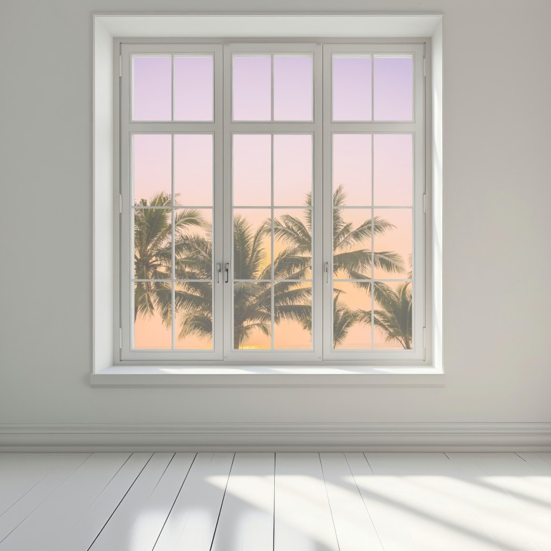 Naklejka na okno tropikalny zachód słońca z palmami na plaży – Wallissimo® Naklejka na okno tropikalny zachód słońca z palmami na plaży – Wallissimo®