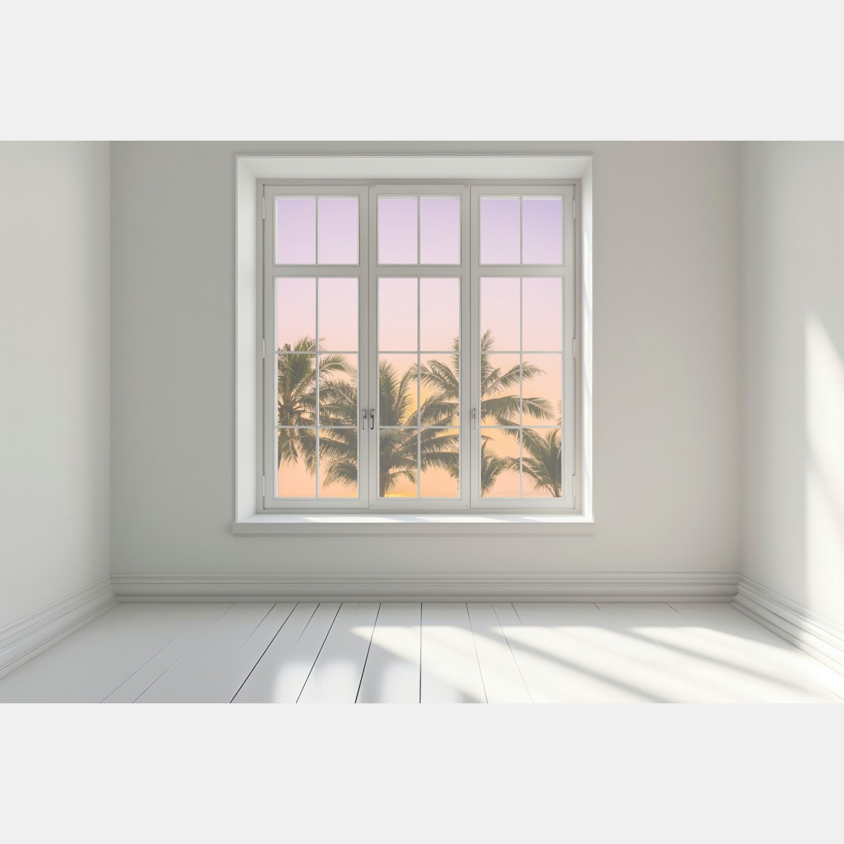Naklejka na okno tropikalny zachód słońca z palmami na plaży – Wallissimo® Naklejka na okno tropikalny zachód słońca z palmami na plaży – Wallissimo®