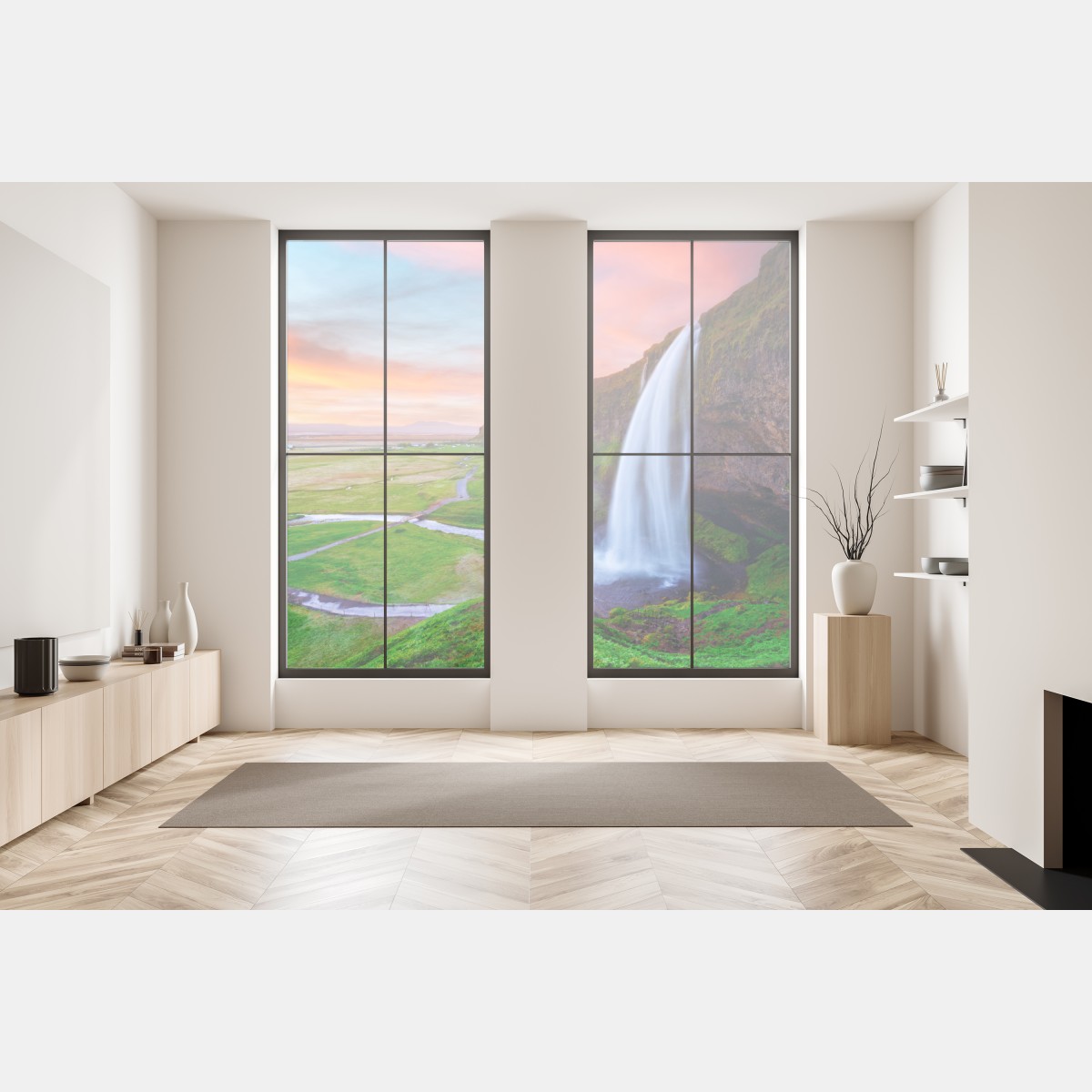 Naklejka na okno wodospad Seljalandsfoss o zachodzie słońca – Wallissimo® Naklejka na okno wodospad Seljalandsfoss o zachodzie słońca – Wallissimo®