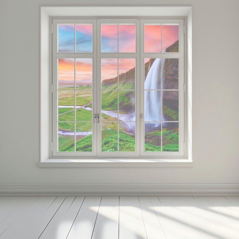 Naklejka na okno wodospad Seljalandsfoss o zachodzie słońca – Wallissimo® Naklejka na okno wodospad Seljalandsfoss o zachodzie słońca – Wallissimo®