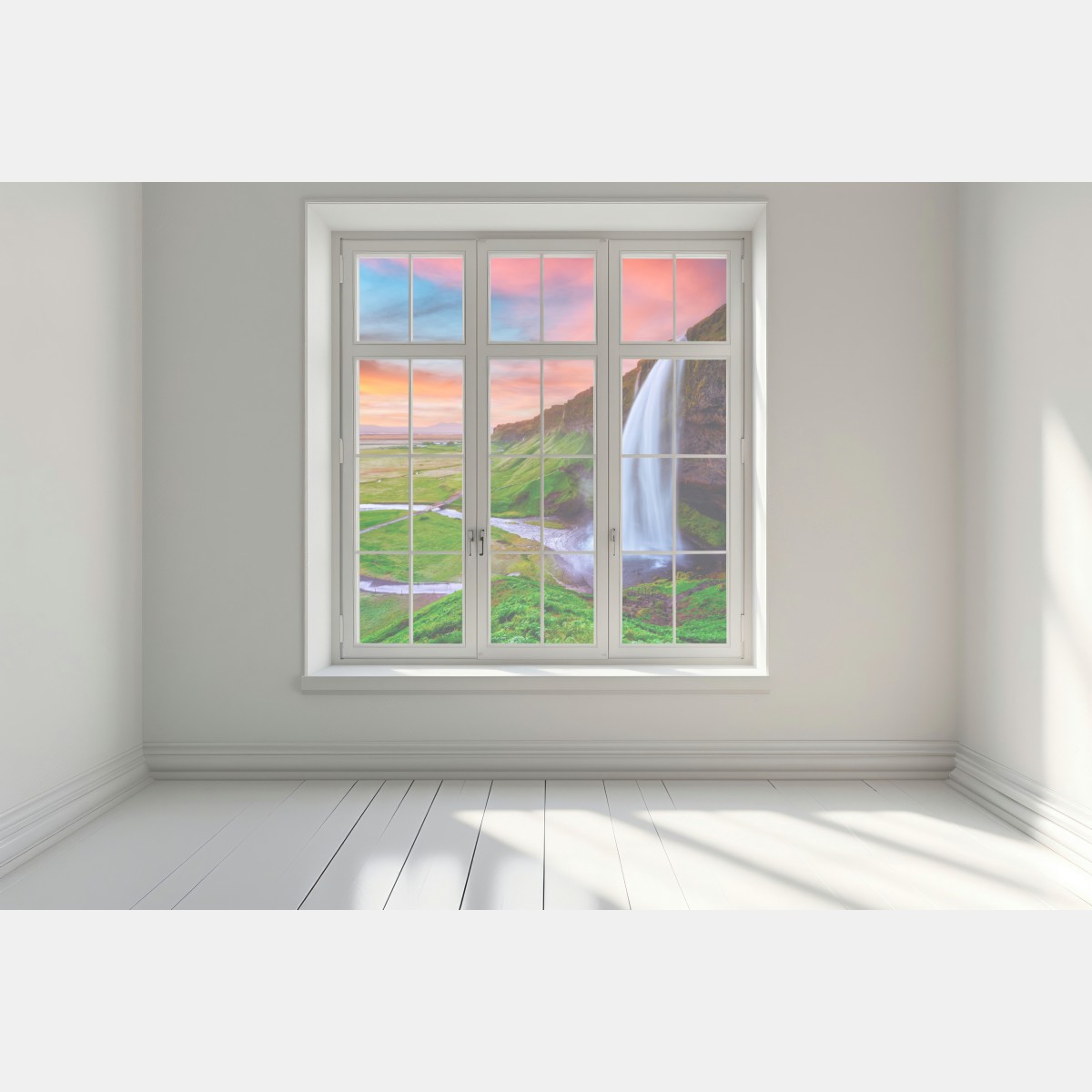 Naklejka na okno wodospad Seljalandsfoss o zachodzie słońca – Wallissimo® Naklejka na okno wodospad Seljalandsfoss o zachodzie słońca – Wallissimo®