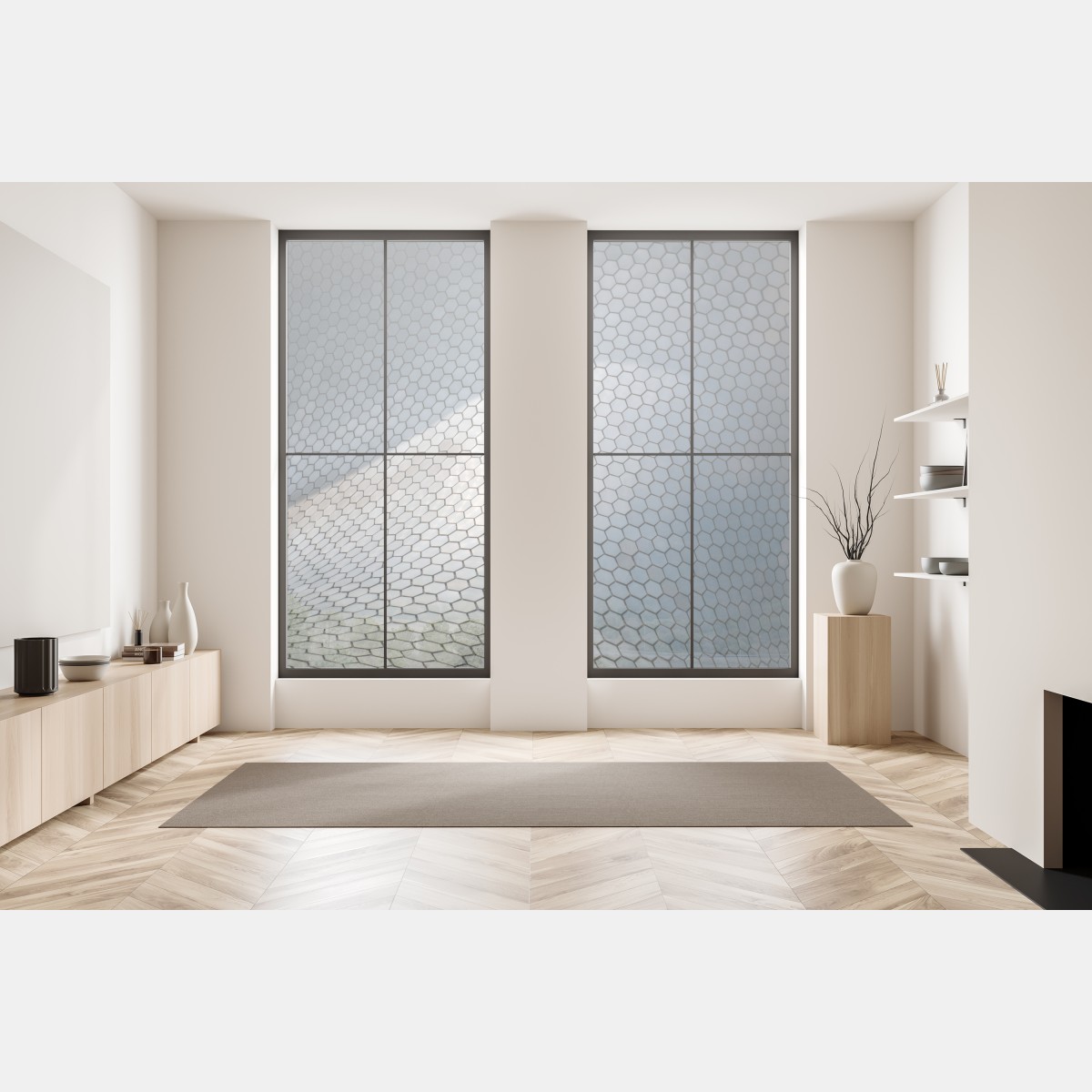 Naklejka na okno metaliczna heksagonalna elewacja geometryczna – Wallissimo® Naklejka na okno metaliczna heksagonalna elewacja geometryczna – Wallissimo®