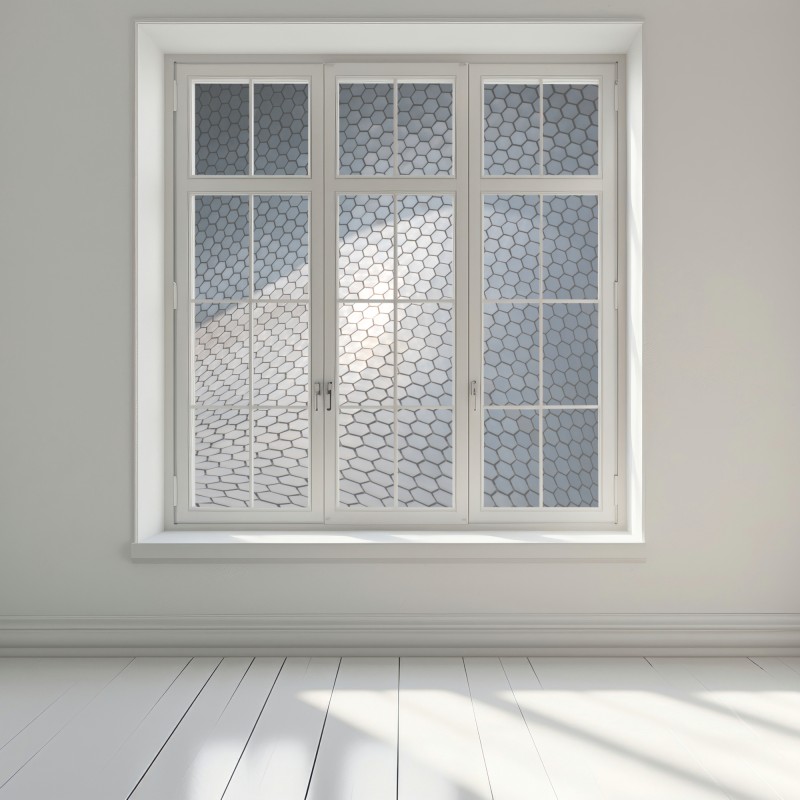 Naklejka na okno metaliczna heksagonalna elewacja geometryczna – Wallissimo® Naklejka na okno metaliczna heksagonalna elewacja geometryczna – Wallissimo®