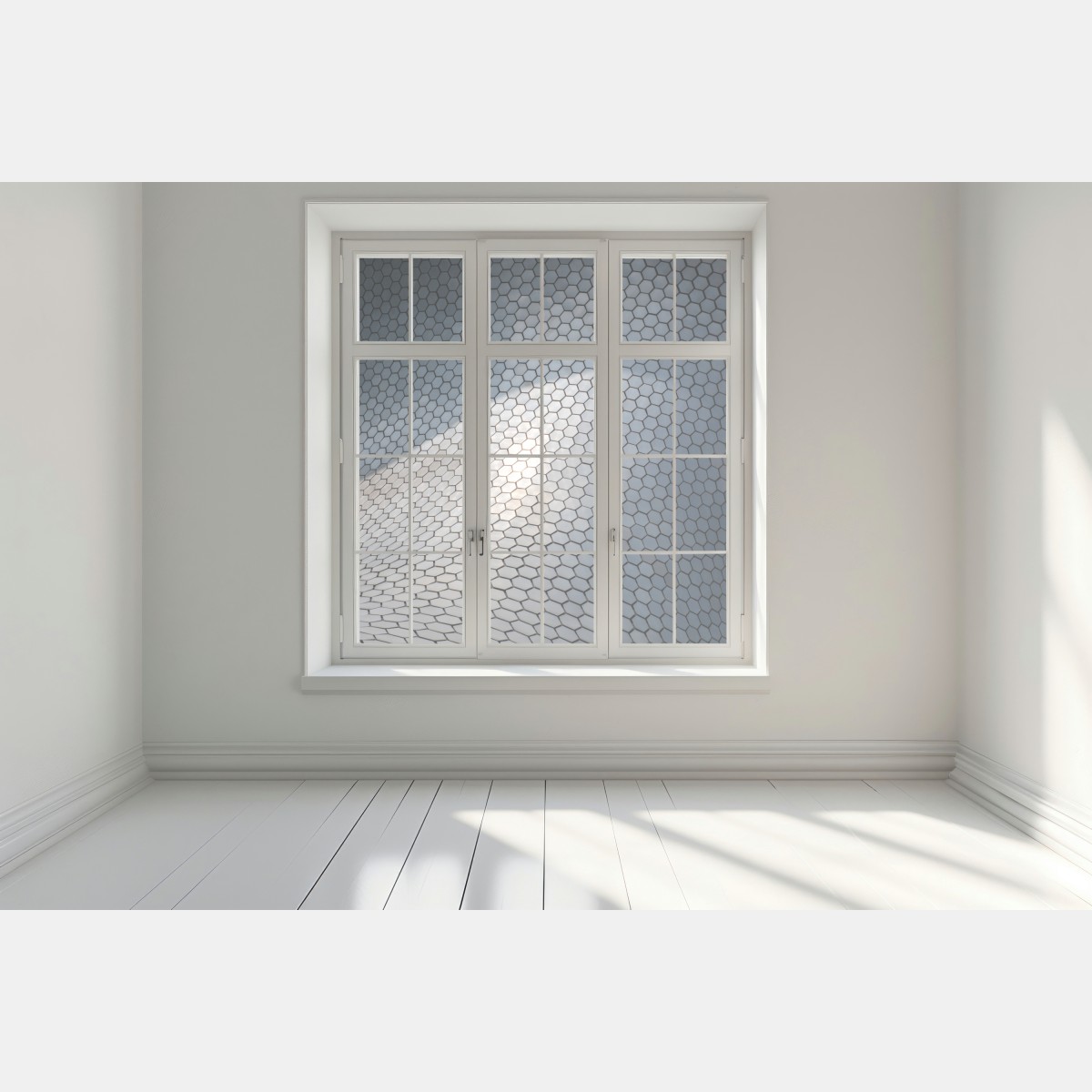 Naklejka na okno metaliczna heksagonalna elewacja geometryczna – Wallissimo® Naklejka na okno metaliczna heksagonalna elewacja geometryczna – Wallissimo®