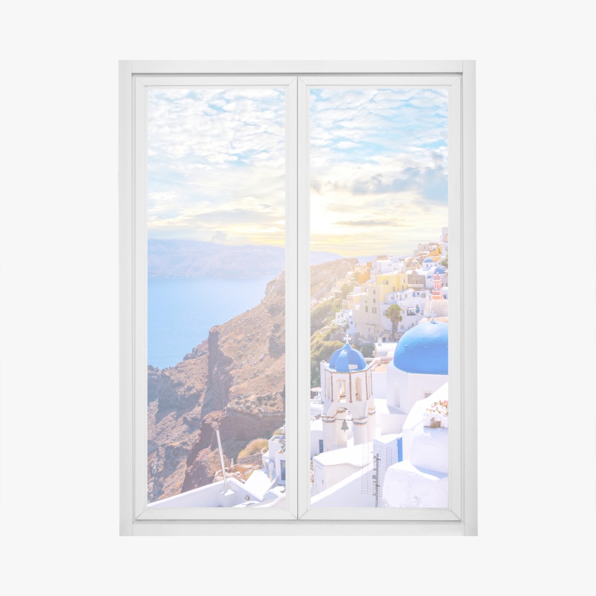 Window decal sunlit Oia village on Santorini caldera