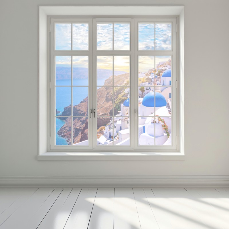 Naklejka na okno słoneczna wieś Oia na kalderze Santorini – Wallissimo® Naklejka na okno słoneczna wieś Oia na kalderze Santorini – Wallissimo®