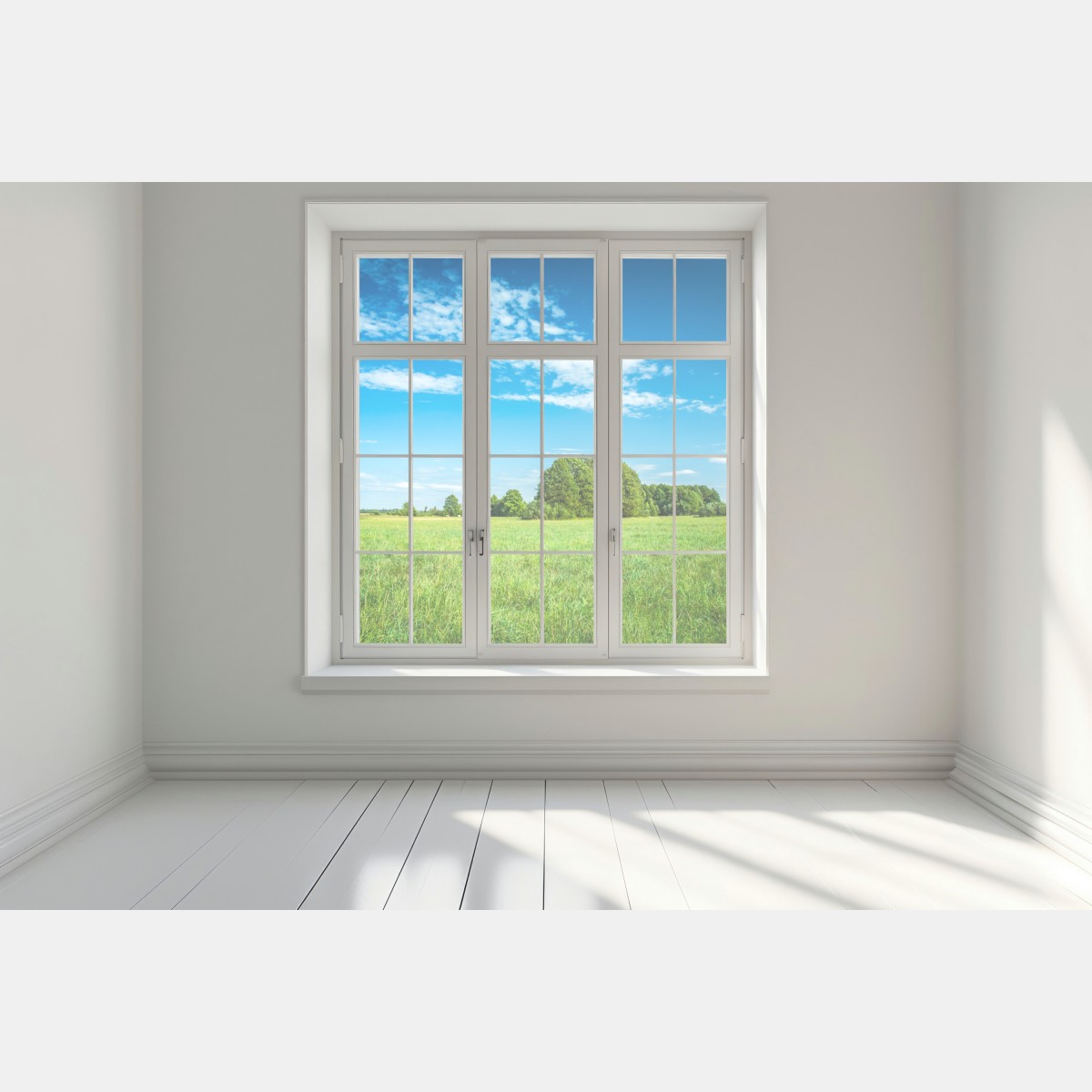 Naklejka na okno słoneczna zielona łąka pod niebieskim niebem – Wallissimo® Naklejka na okno słoneczna zielona łąka pod niebieskim niebem – Wallissimo®