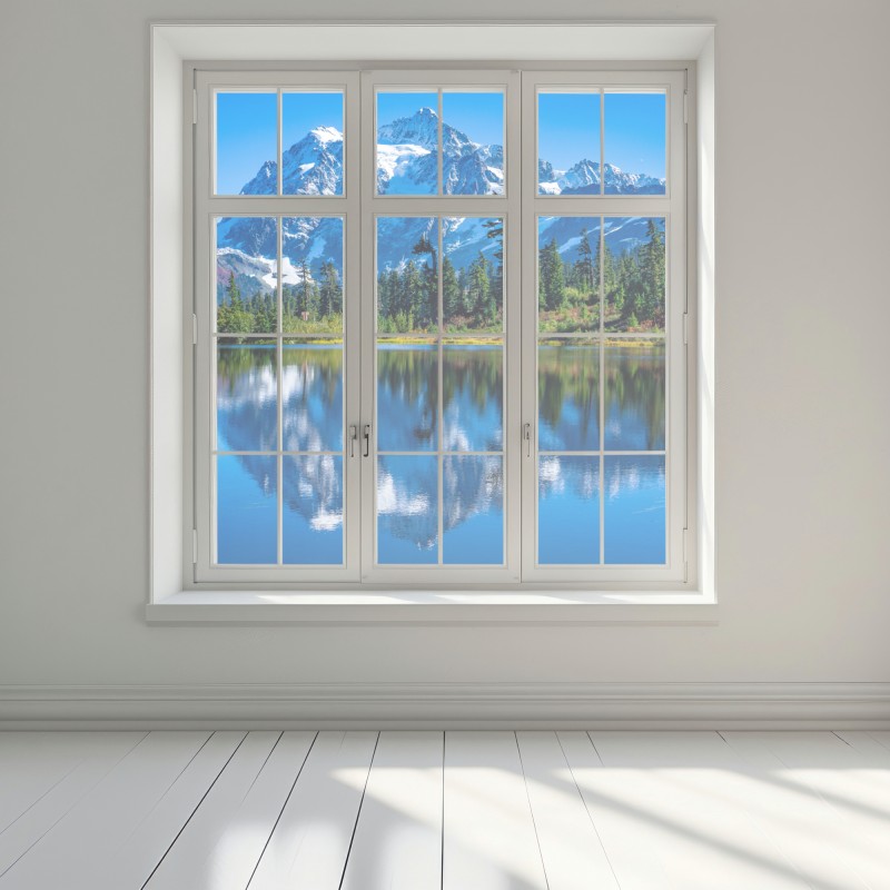 Naklejka na okno majestatyczne odbicie gór nad jeziorem – Wallissimo® Naklejka na okno majestatyczne odbicie gór nad jeziorem – Wallissimo®