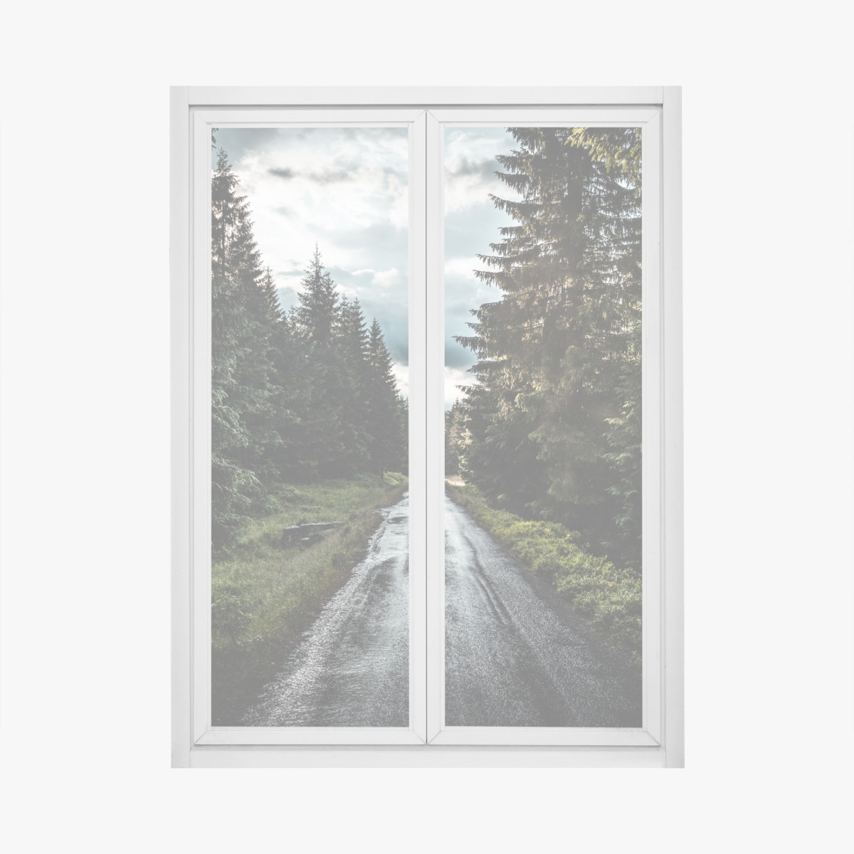 Window decal forest road through misty pines