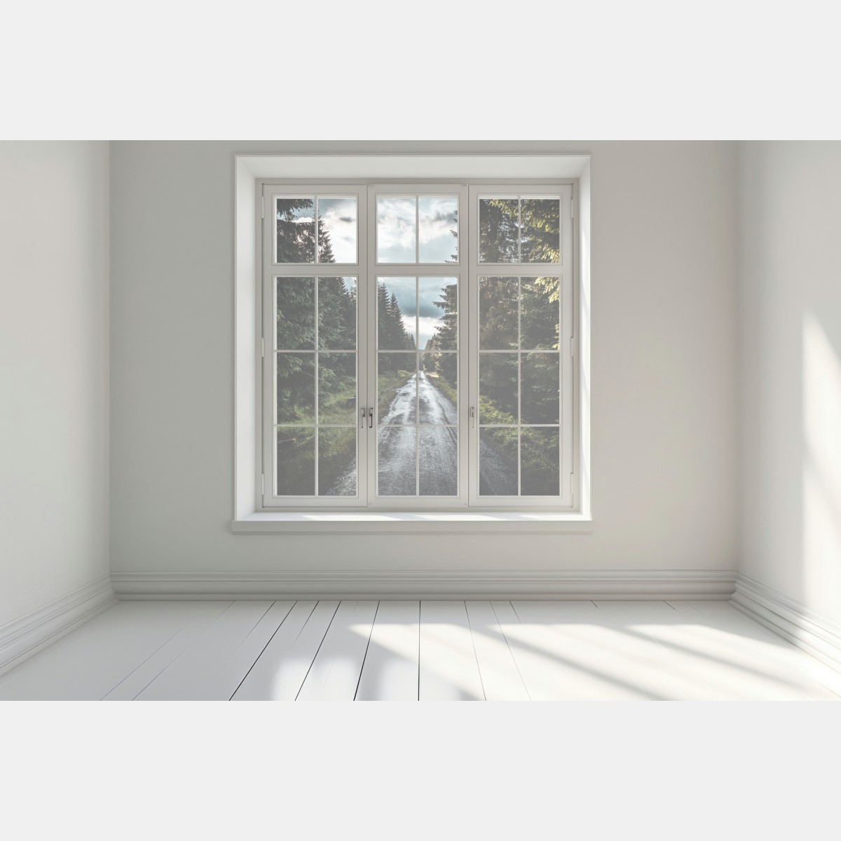 Naklejka na okno leśna droga wśród sosen – Wallissimo® Naklejka na okno leśna droga wśród sosen – Wallissimo®