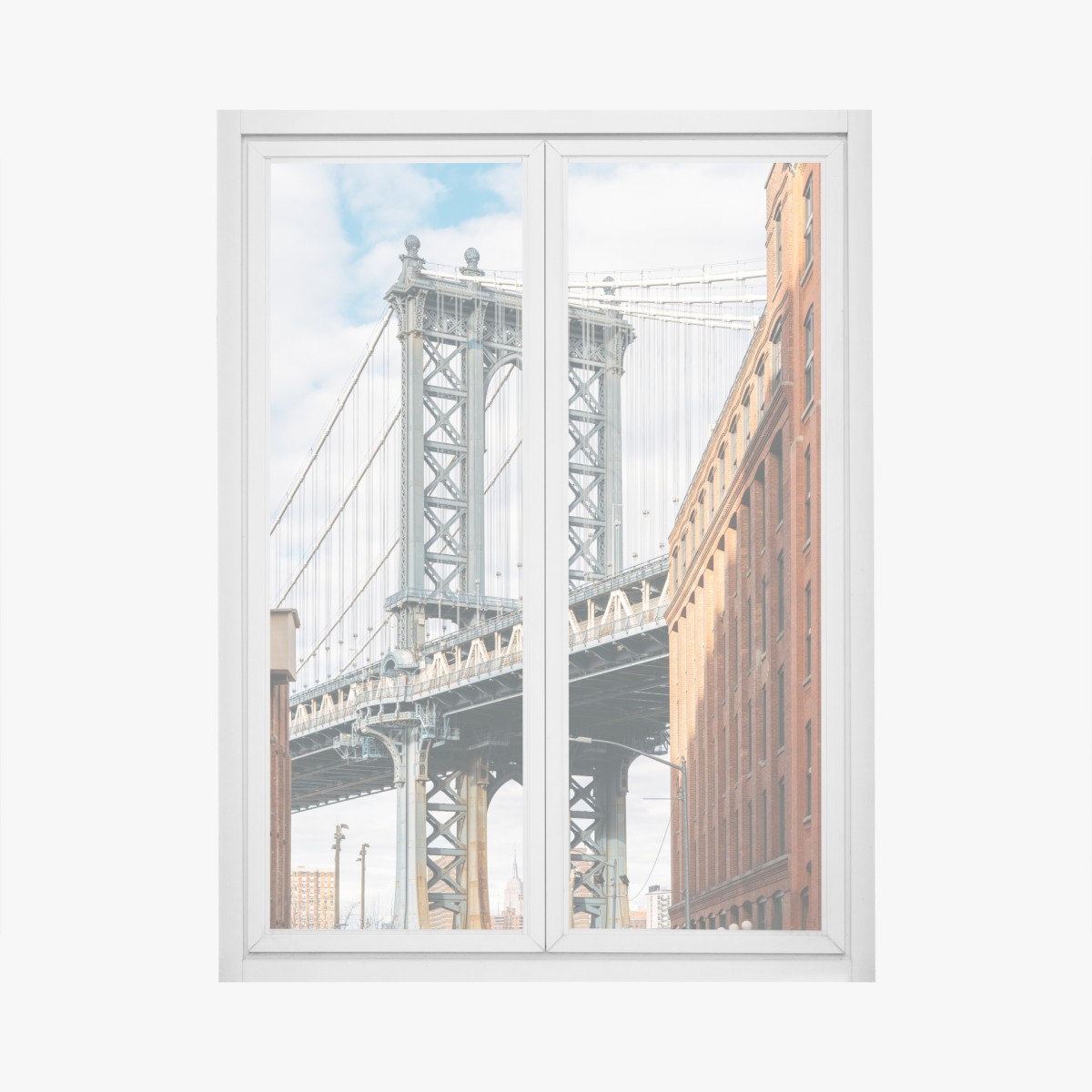 Window decal Brooklyn bridge framed by brick buildings at sunset
