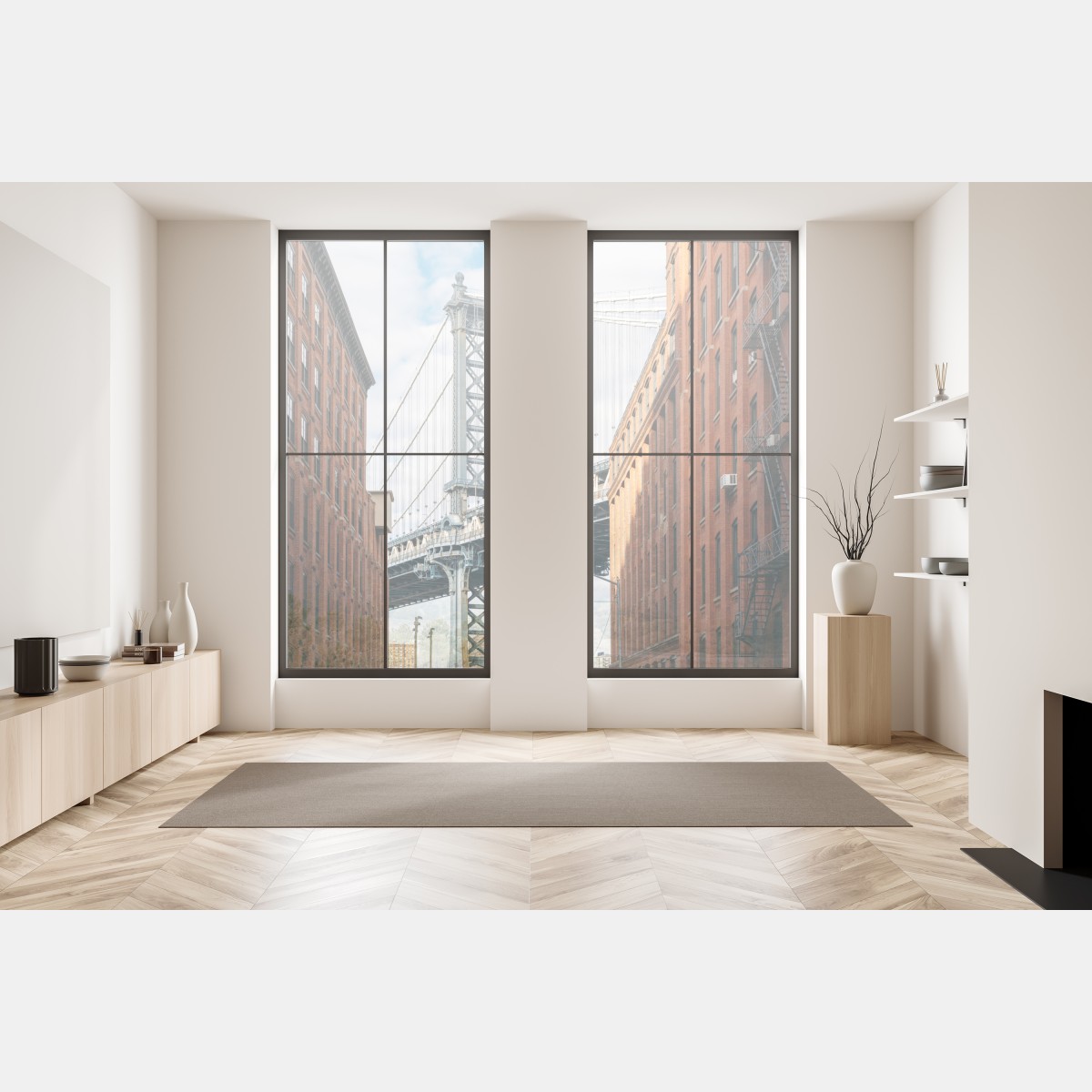 Naklejka na okno Brooklyn widok mostu między ceglanymi budynkami – Wallissimo® Naklejka na okno Brooklyn widok mostu między ceglanymi budynkami – Wallissimo®