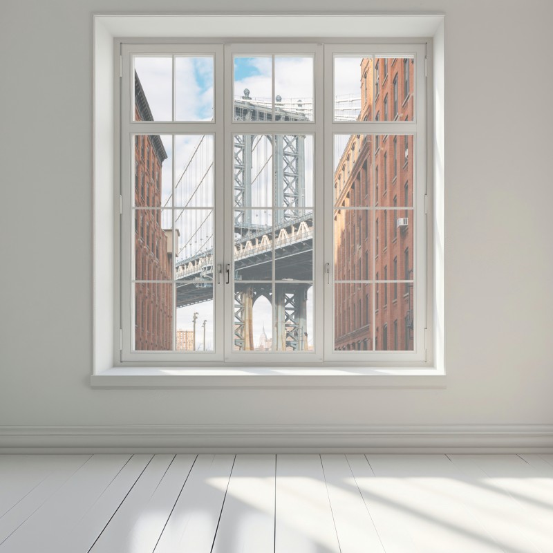 Naklejka na okno Brooklyn widok mostu między ceglanymi budynkami – Wallissimo® Naklejka na okno Brooklyn widok mostu między ceglanymi budynkami – Wallissimo®