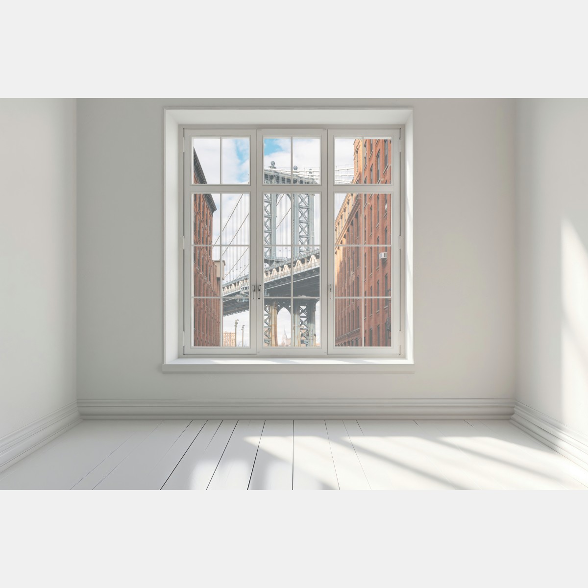 Naklejka na okno Brooklyn widok mostu między ceglanymi budynkami – Wallissimo® Naklejka na okno Brooklyn widok mostu między ceglanymi budynkami – Wallissimo®