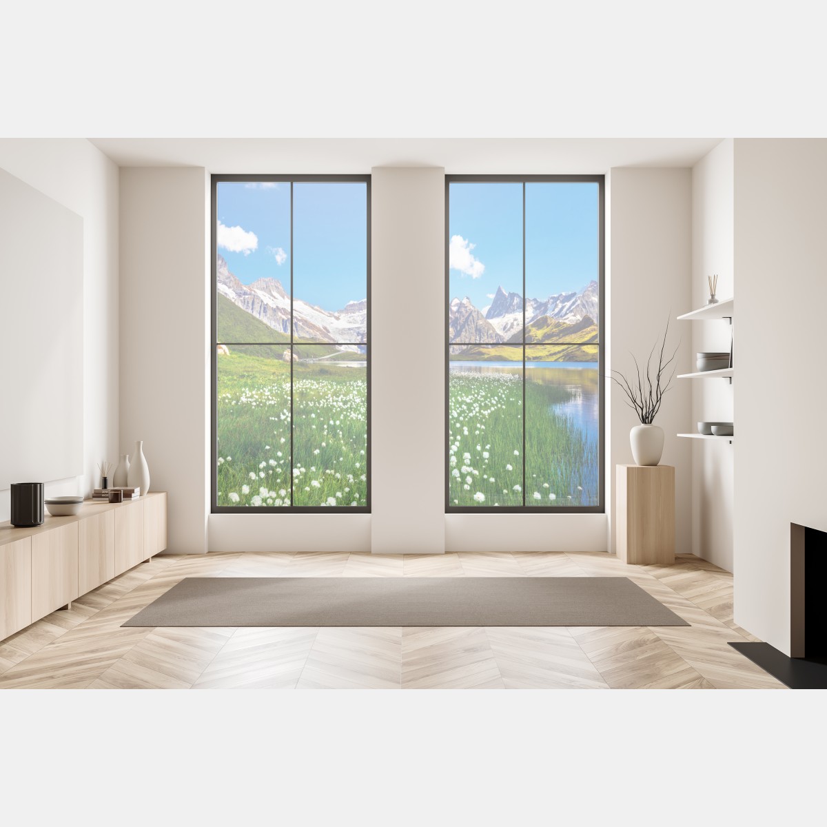 Naklejka na okno alpejskie jezioro z łąką pełną kwiatów – Wallissimo® Naklejka na okno alpejskie jezioro z łąką pełną kwiatów – Wallissimo®