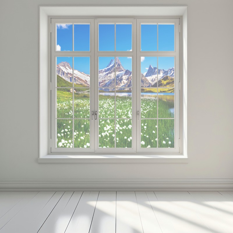 Naklejka na okno alpejskie jezioro z łąką pełną kwiatów – Wallissimo® Naklejka na okno alpejskie jezioro z łąką pełną kwiatów – Wallissimo®