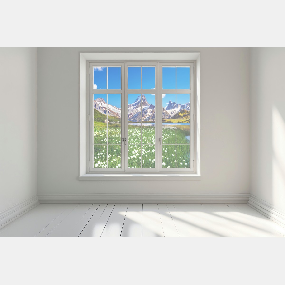 Naklejka na okno alpejskie jezioro z łąką pełną kwiatów – Wallissimo® Naklejka na okno alpejskie jezioro z łąką pełną kwiatów – Wallissimo®