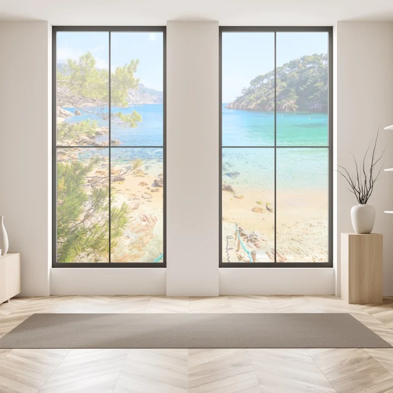 Naklejka na okno słoneczna łąka z mniszkami i błękitnym niebem – Wallissimo®