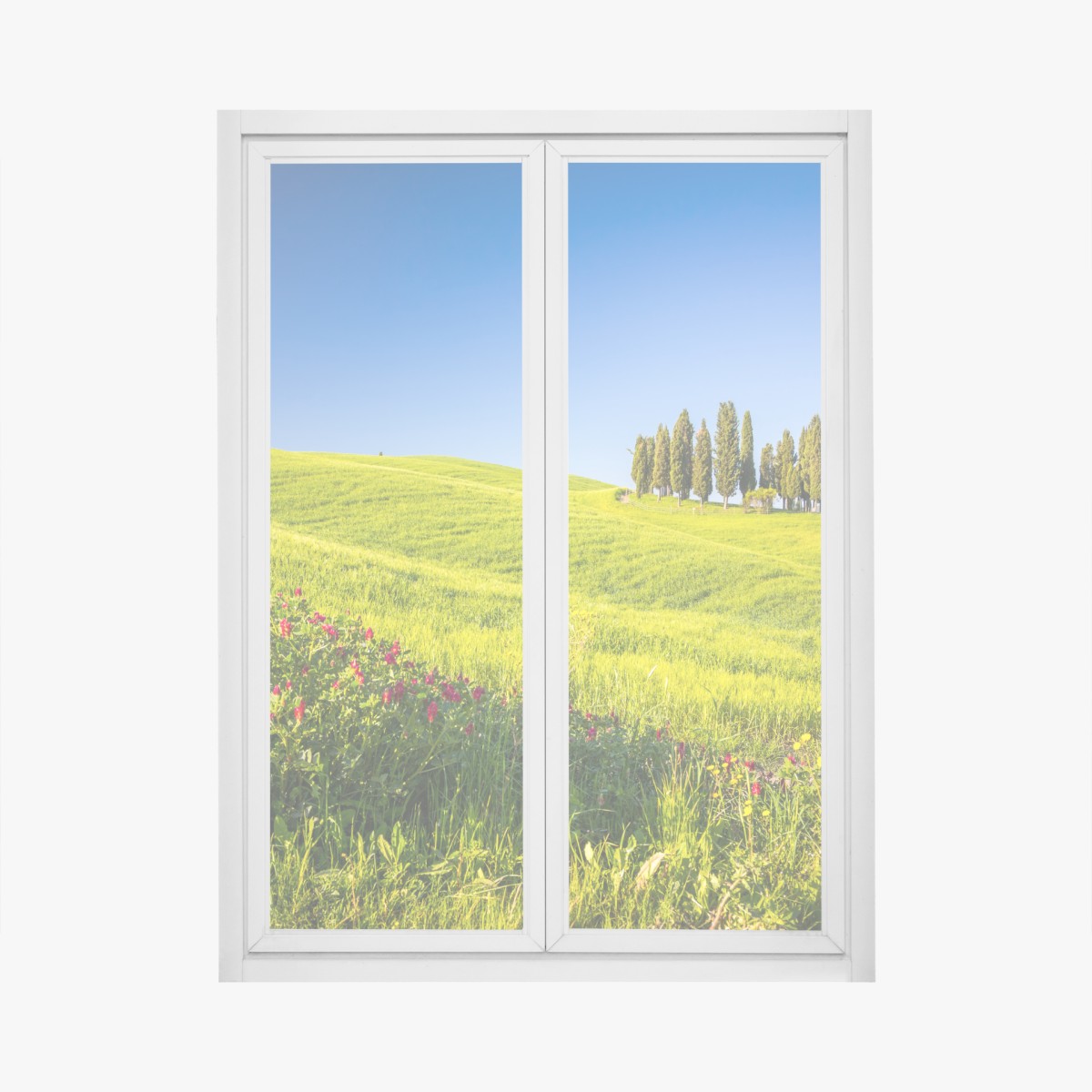 Window decal sunlit rolling green hills with cypress trees