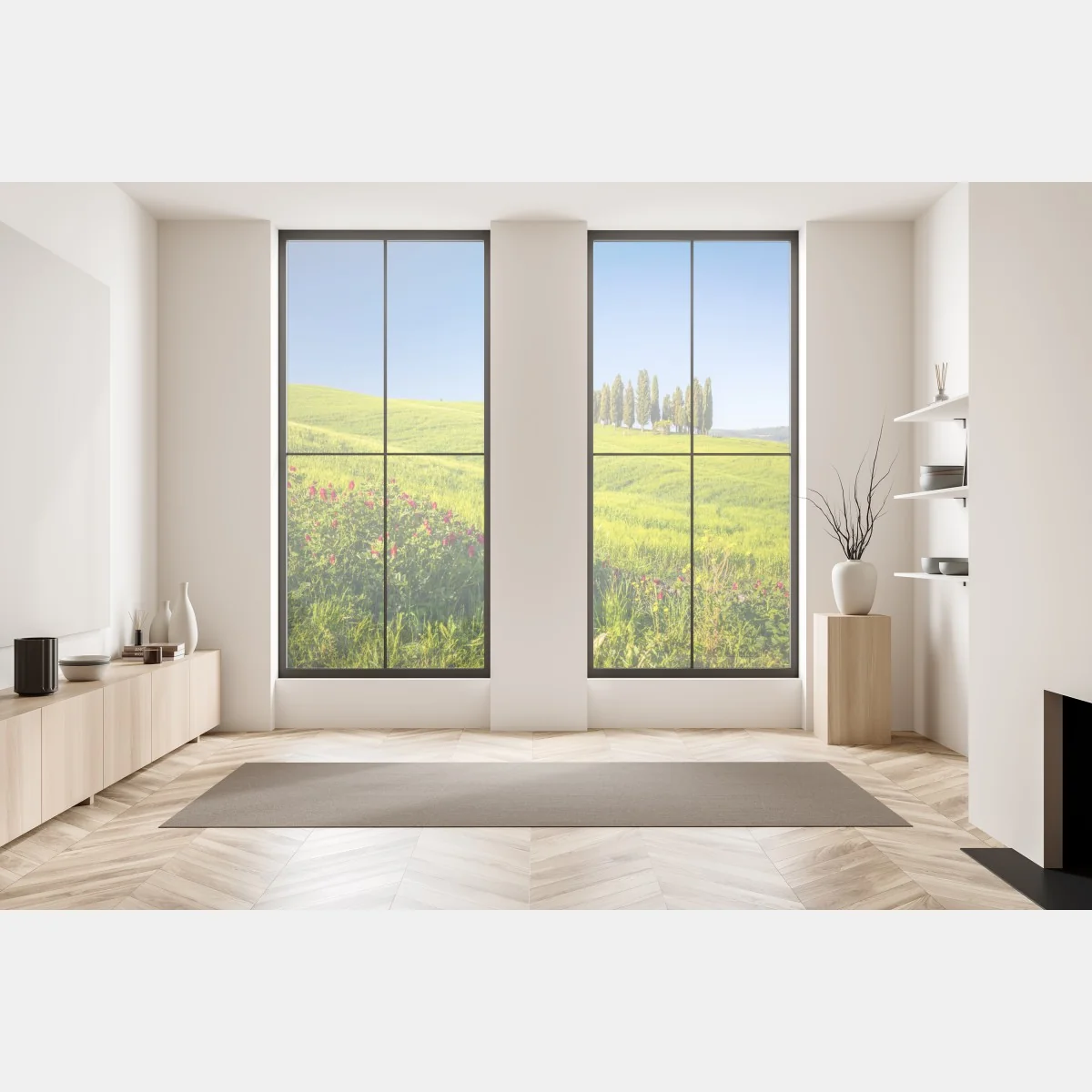 Naklejka na okno słoneczne zielone wzgórza z cyprysami – Wallissimo® Naklejka na okno słoneczne zielone wzgórza z cyprysami – Wallissimo®