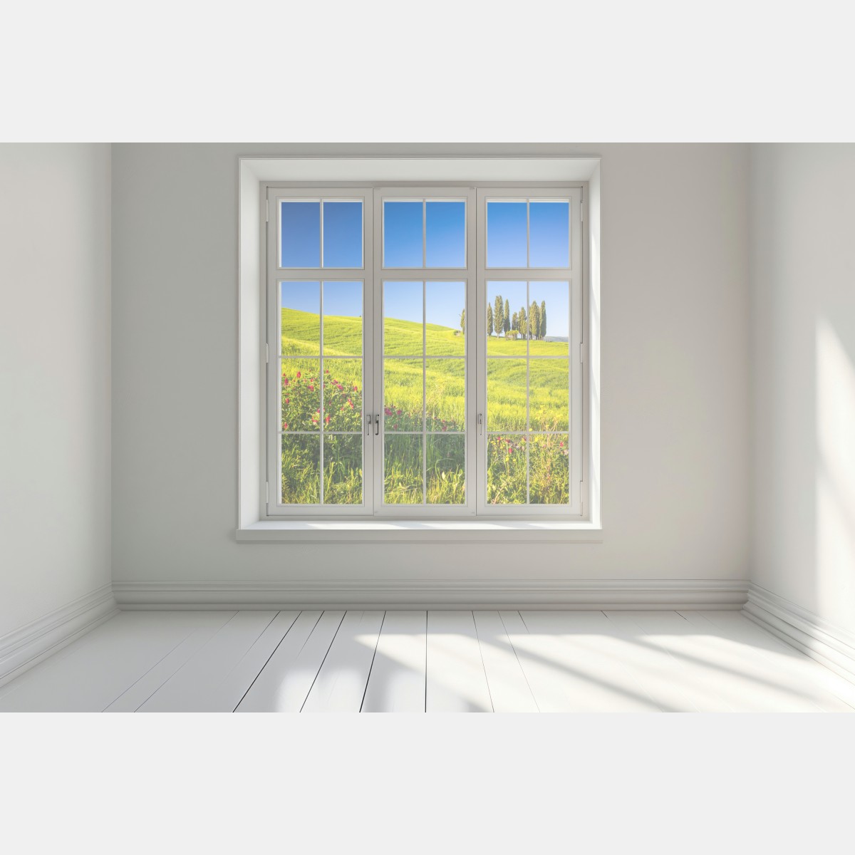 Naklejka na okno słoneczne zielone wzgórza z cyprysami – Wallissimo® Naklejka na okno słoneczne zielone wzgórza z cyprysami – Wallissimo®