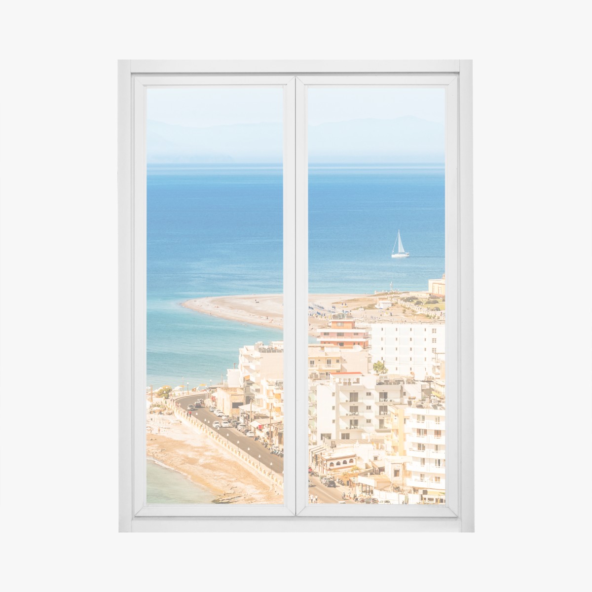 Window decal sunny coastal cityscape with sailboat