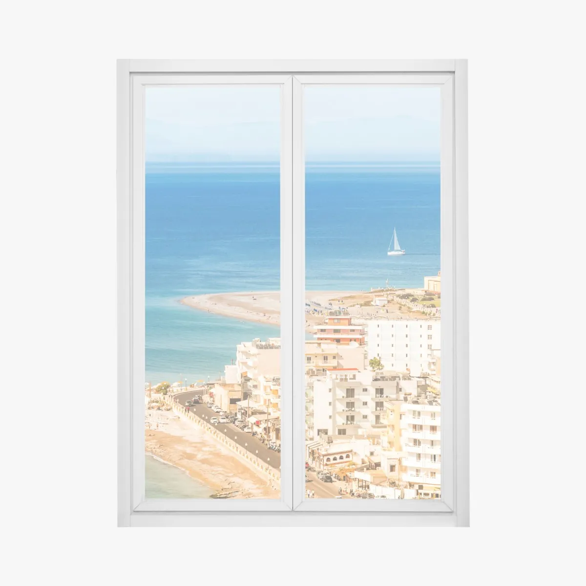 Naklejka na okno słoneczna panorama nadmorskiego miasta z żaglówką – Wallissimo® Naklejka na okno słoneczna panorama nadmorskiego miasta z żaglówką – Wallissimo®