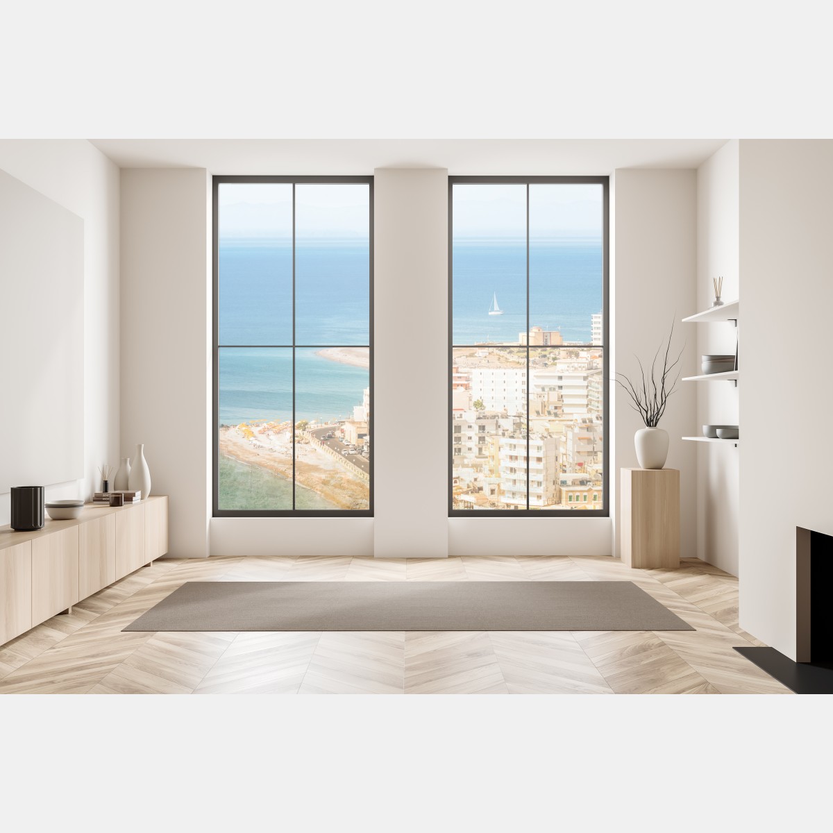 Naklejka na okno słoneczna panorama nadmorskiego miasta z żaglówką – Wallissimo® Naklejka na okno słoneczna panorama nadmorskiego miasta z żaglówką – Wallissimo®