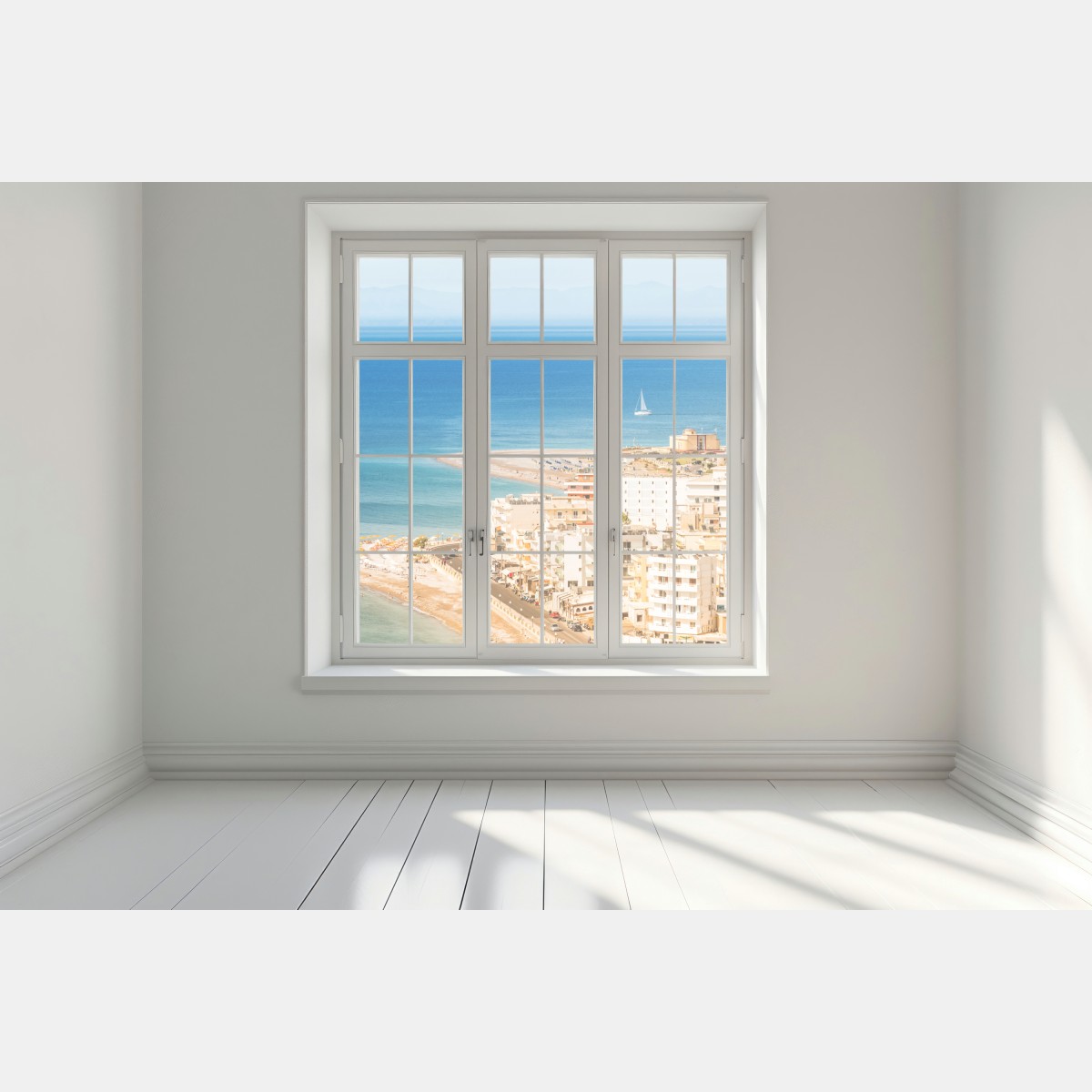 Naklejka na okno słoneczna panorama nadmorskiego miasta z żaglówką – Wallissimo® Naklejka na okno słoneczna panorama nadmorskiego miasta z żaglówką – Wallissimo®