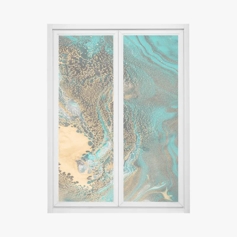 Naklejka na okno turkusowy i złoty płynny wir abstrakcji