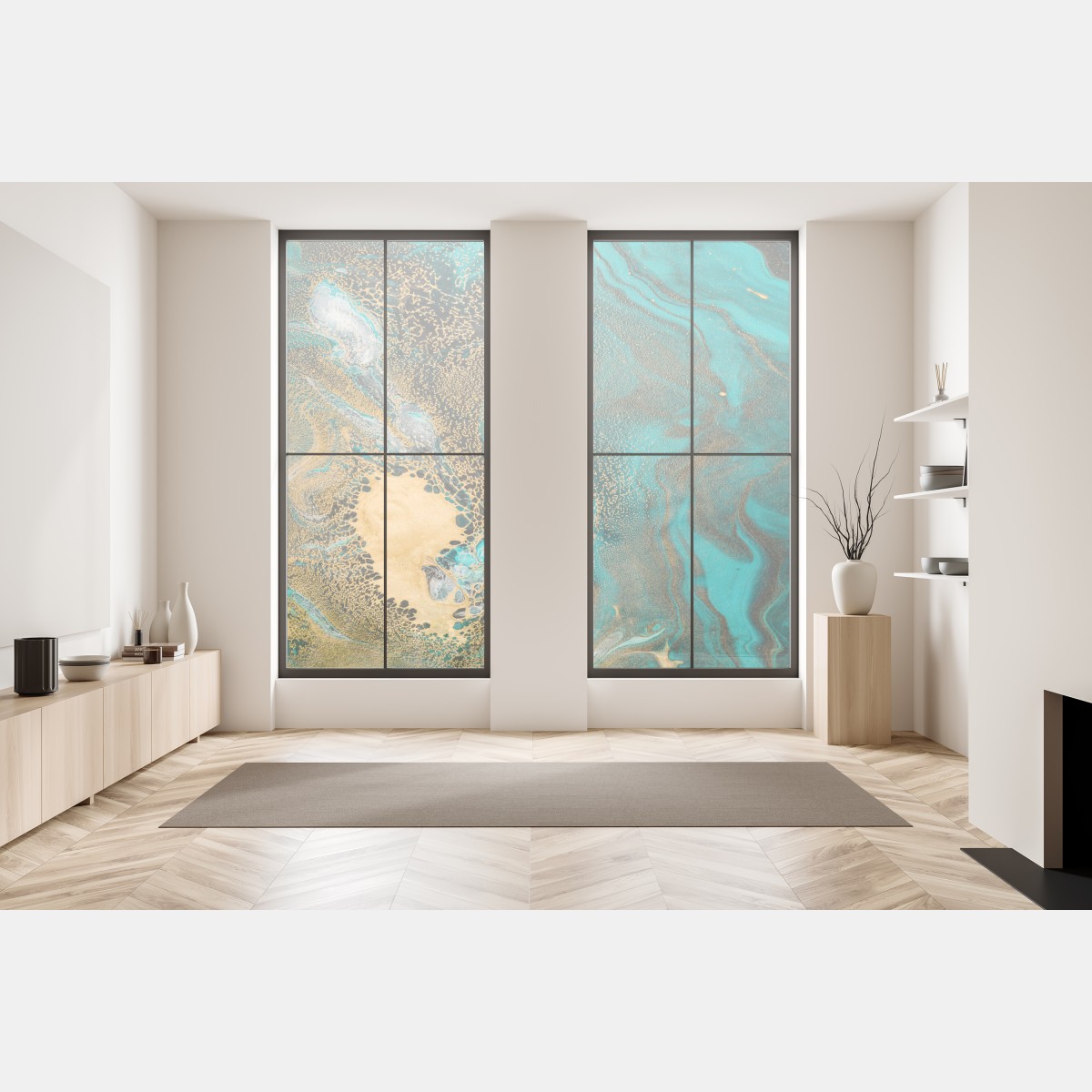 Naklejka na okno turkusowy i złoty płynny wir abstrakcji – Wallissimo® Naklejka na okno turkusowy i złoty płynny wir abstrakcji – Wallissimo®
