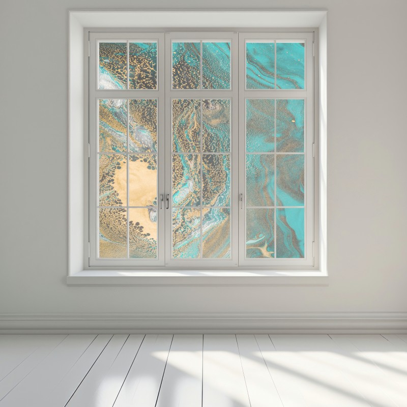 Naklejka na okno turkusowy i złoty płynny wir abstrakcji – Wallissimo® Naklejka na okno turkusowy i złoty płynny wir abstrakcji – Wallissimo®