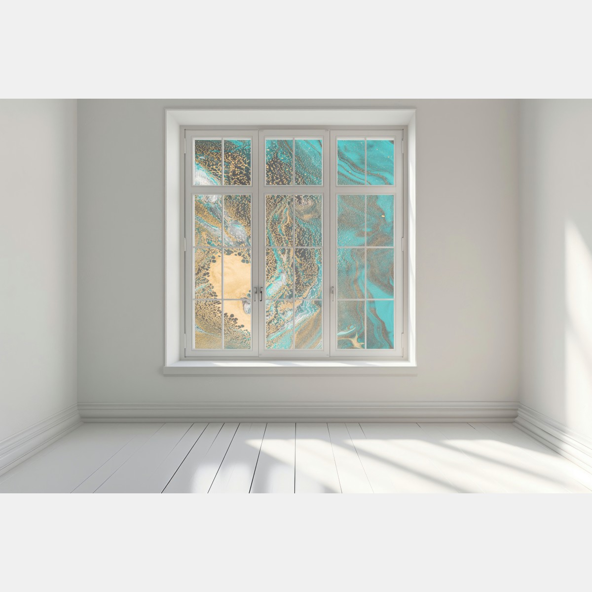 Naklejka na okno turkusowy i złoty płynny wir abstrakcji – Wallissimo® Naklejka na okno turkusowy i złoty płynny wir abstrakcji – Wallissimo®