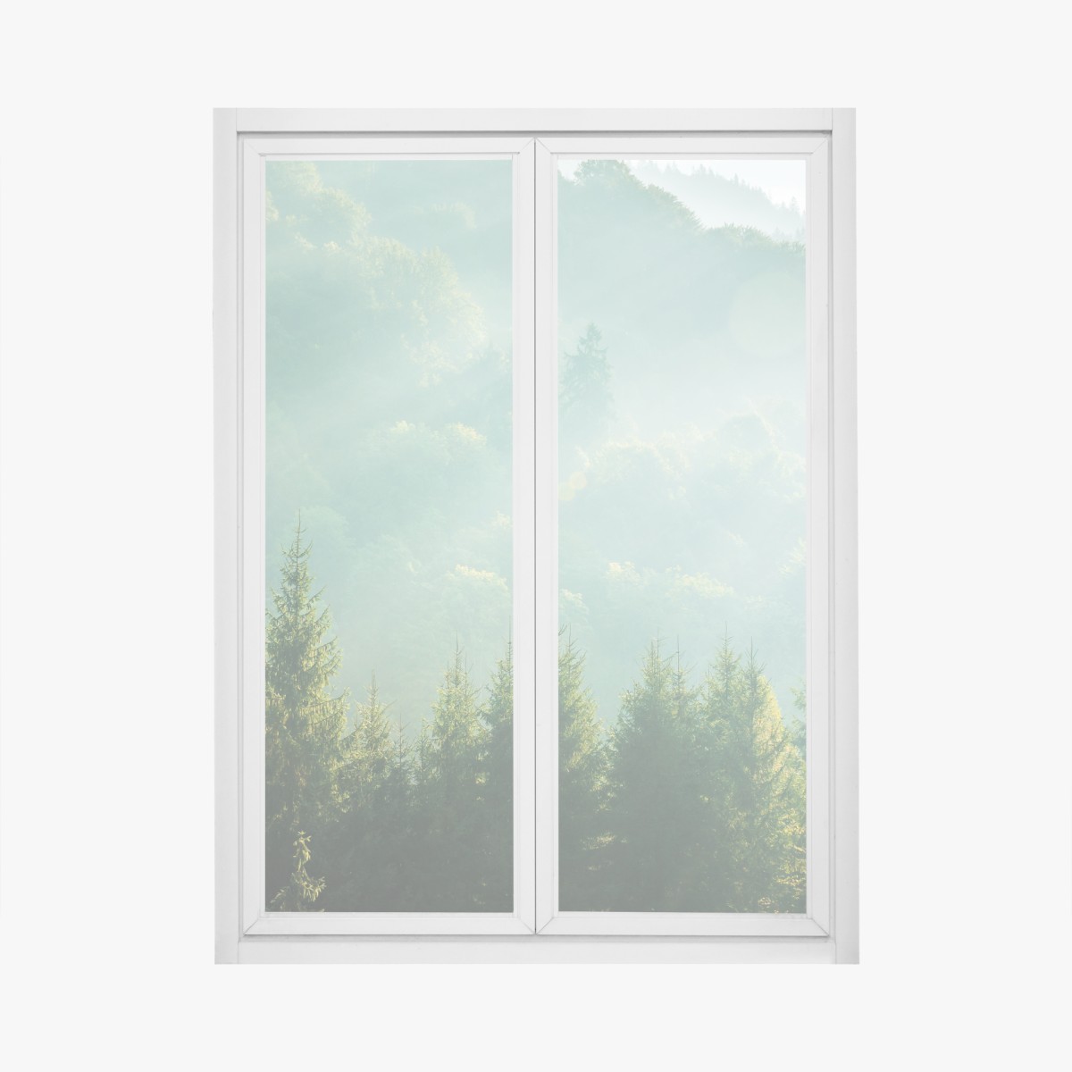 Window decal misty spruce treetops at sunrise