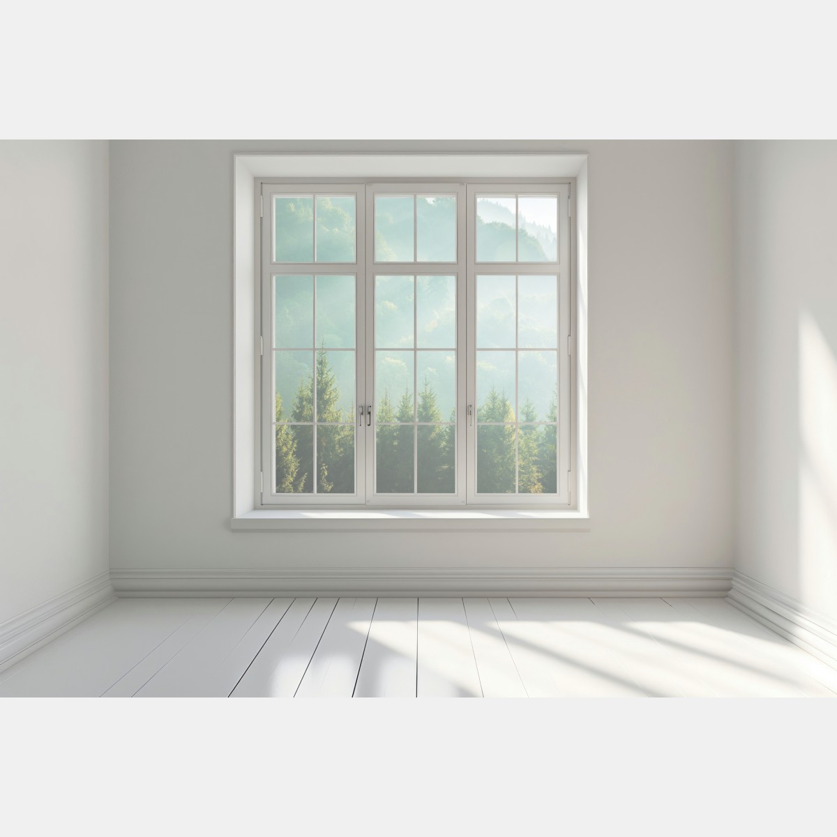 Naklejka na okno mglista korona świerków o poranku – Wallissimo® Naklejka na okno mglista korona świerków o poranku – Wallissimo®