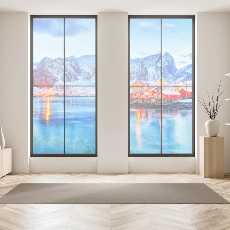 Naklejka na okno zaśnieżona nadmorska wioska u stóp gór – Wallissimo® Naklejka na okno zaśnieżona nadmorska wioska u stóp gór – Wallissimo®