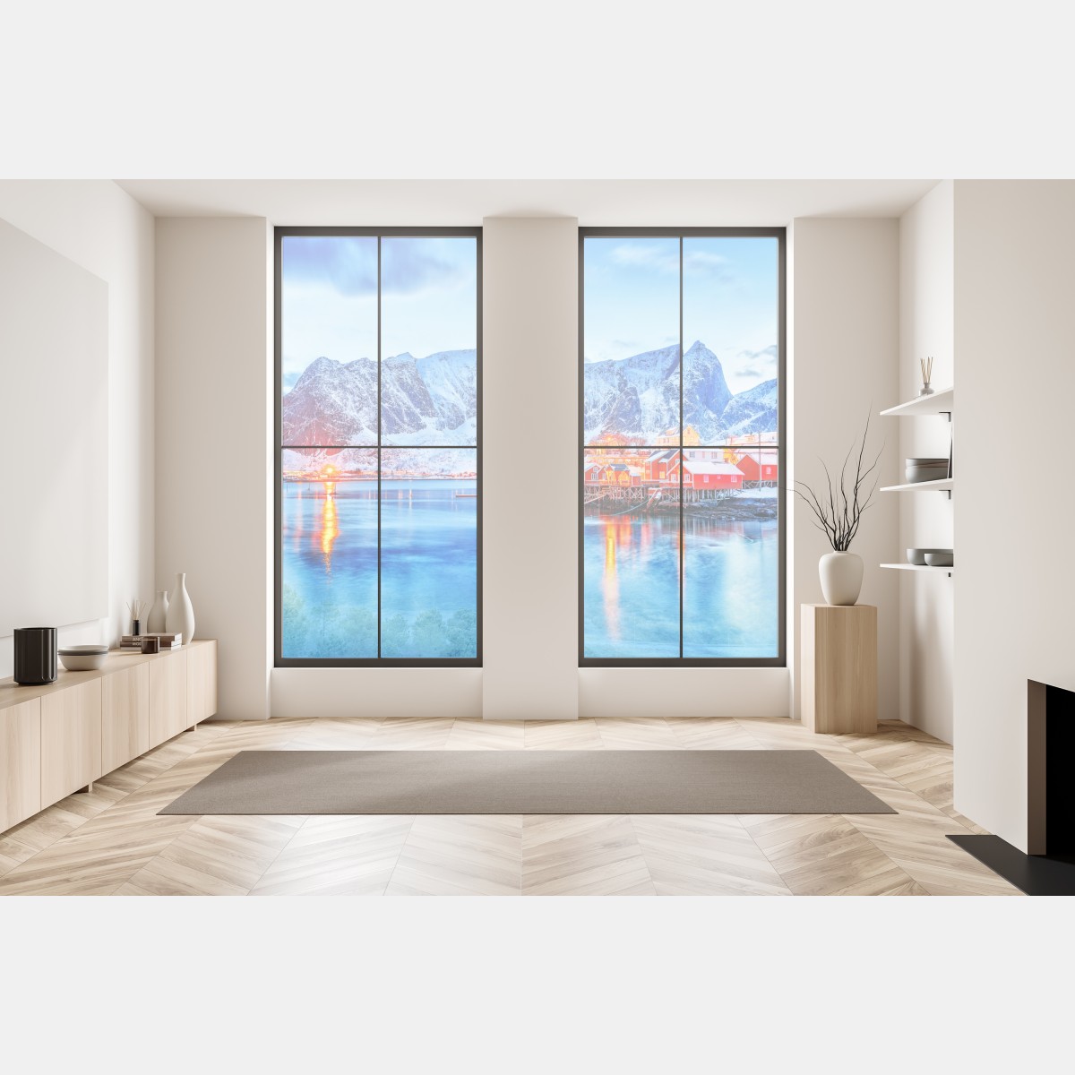 Naklejka na okno zaśnieżona nadmorska wioska u stóp gór – Wallissimo® Naklejka na okno zaśnieżona nadmorska wioska u stóp gór – Wallissimo®