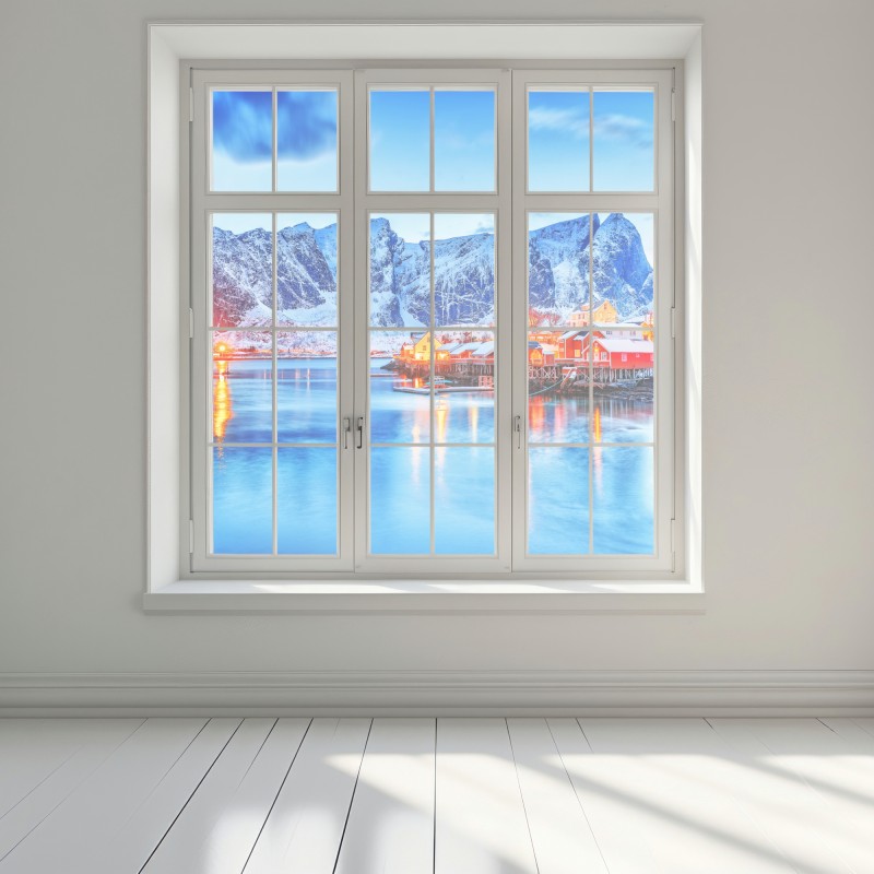Naklejka na okno zaśnieżona nadmorska wioska u stóp gór – Wallissimo® Naklejka na okno zaśnieżona nadmorska wioska u stóp gór – Wallissimo®