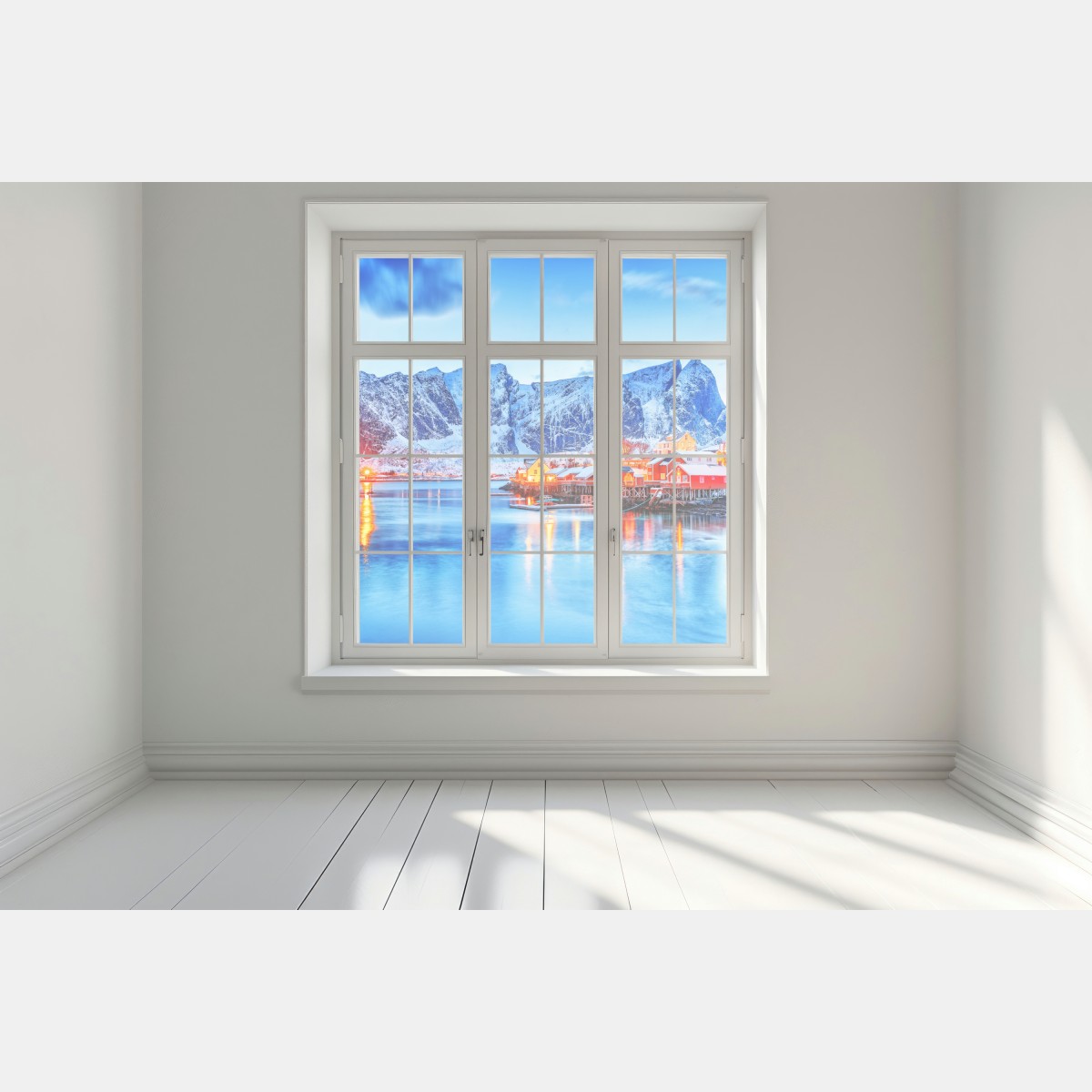 Naklejka na okno zaśnieżona nadmorska wioska u stóp gór – Wallissimo® Naklejka na okno zaśnieżona nadmorska wioska u stóp gór – Wallissimo®
